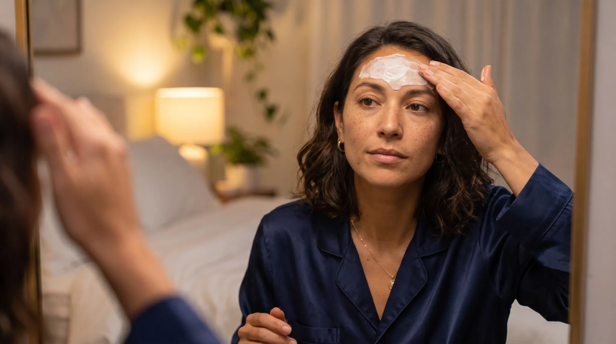 A photorealistic portrait of a young woman applying a thick, hydrating sleeping mask to her forehead before bed.