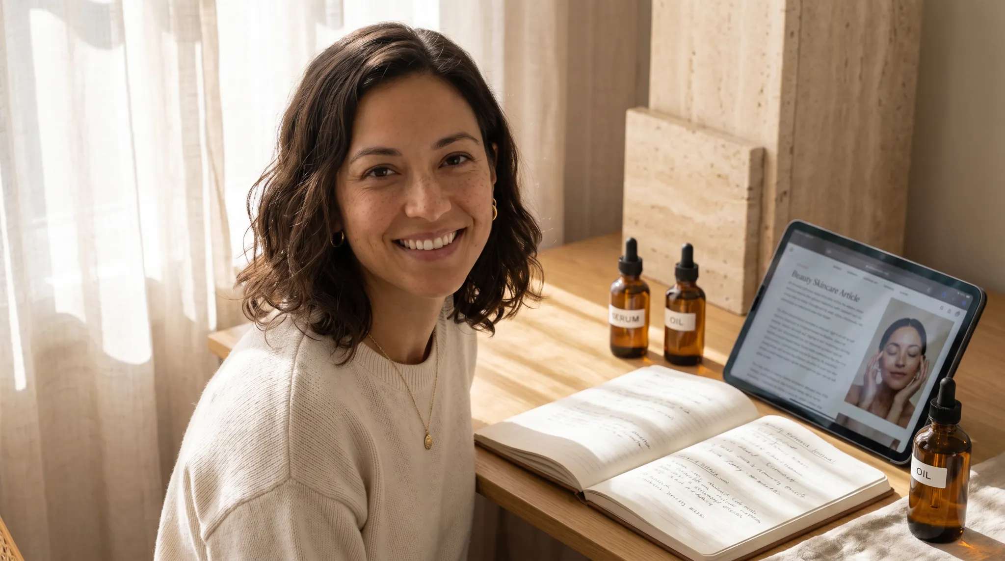 Avery, Beautyisles AI beauty editor at her editorial research desk