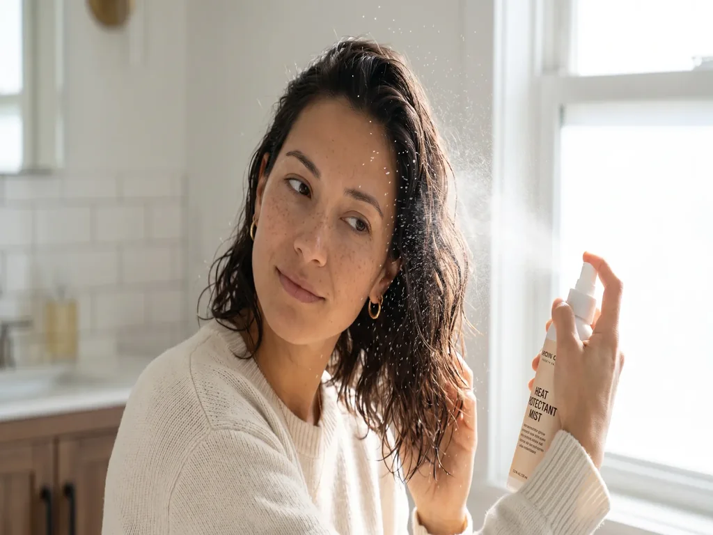 Woman applying heat protectant serum to damp hair sections before blow drying
