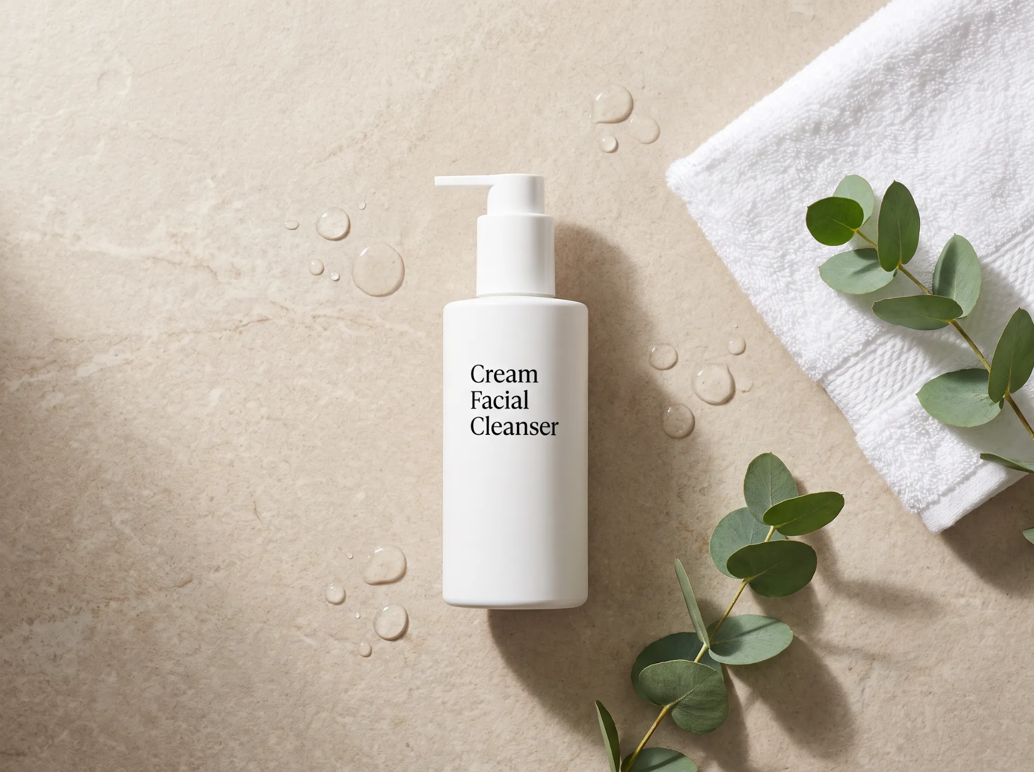 A flat lay of a basic cream facial cleanser on stone