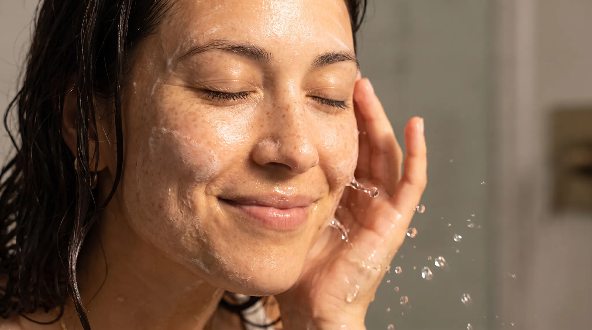 Avery rinsing her face gently without foaming cleanser