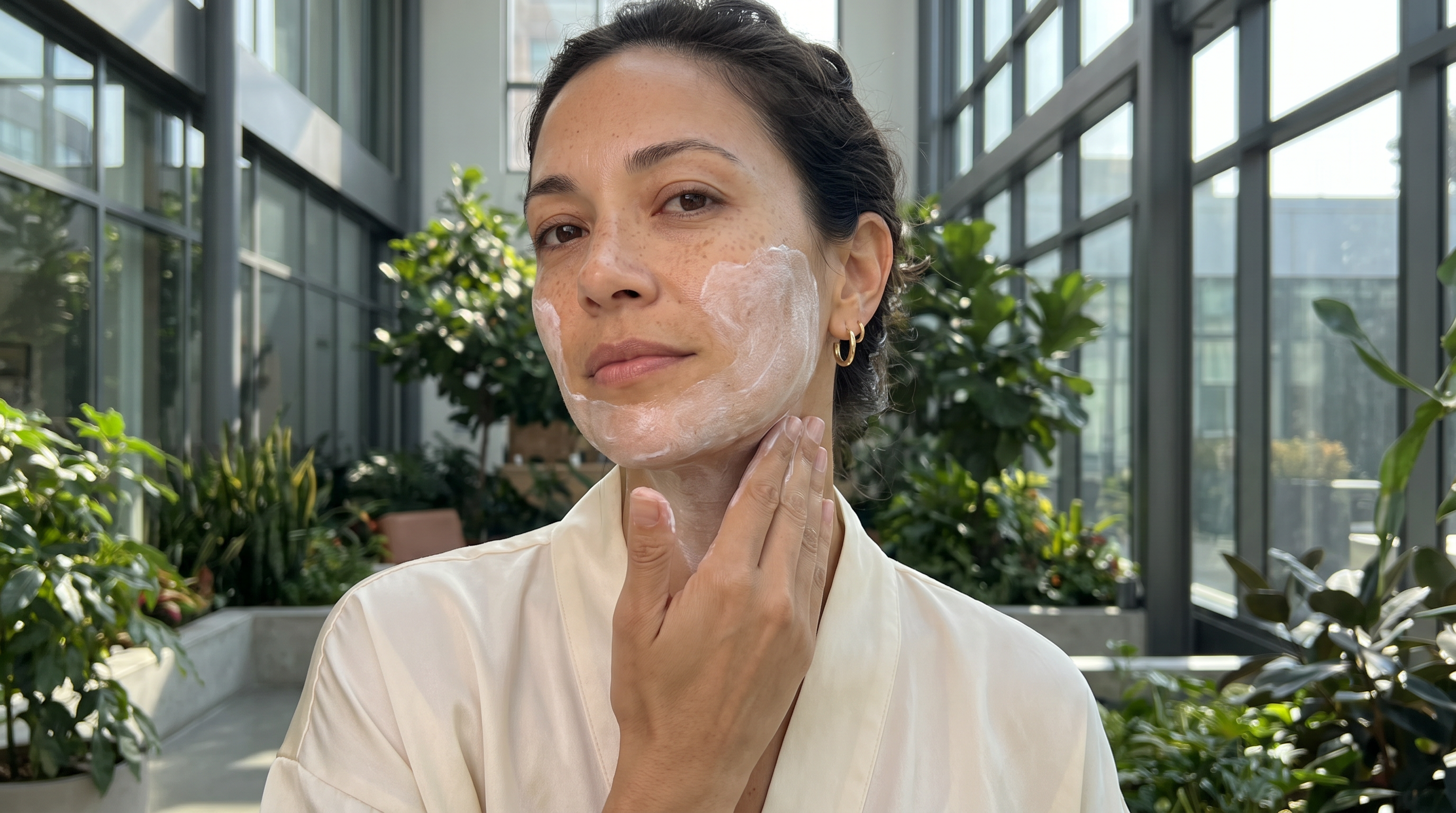 Avery applying a thick mineral sunscreen to her neck and jawline in a modern atrium.