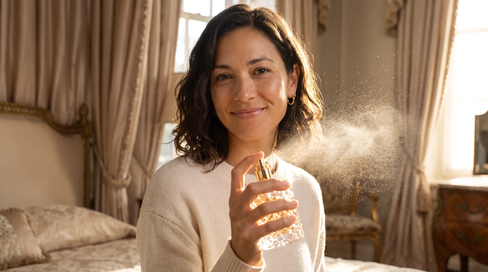 Avery examining a skincare oil in a bright dressing area