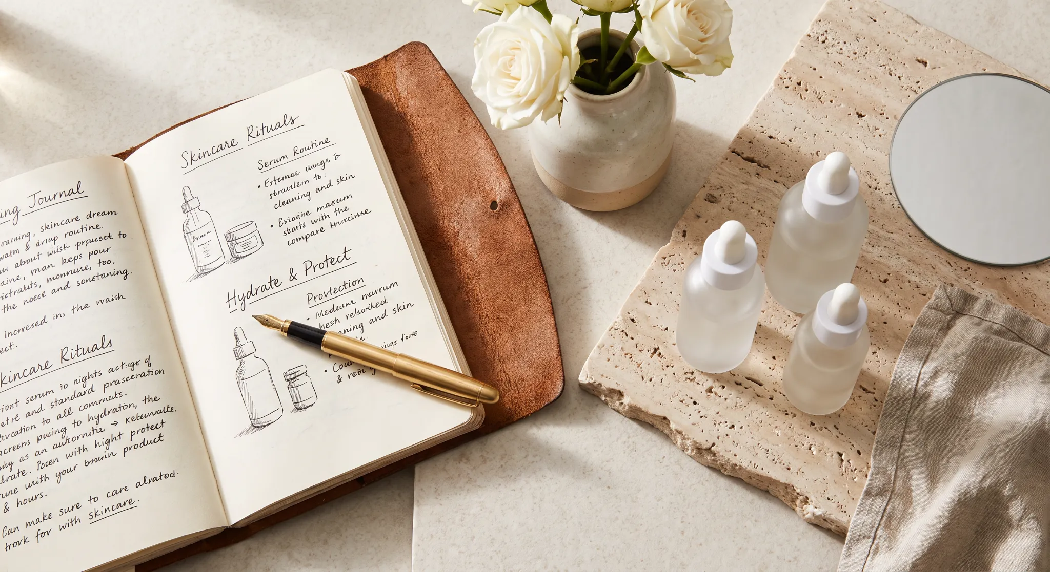 Assorted cosmetic tubes and bottles arranged for an editorial flat lay