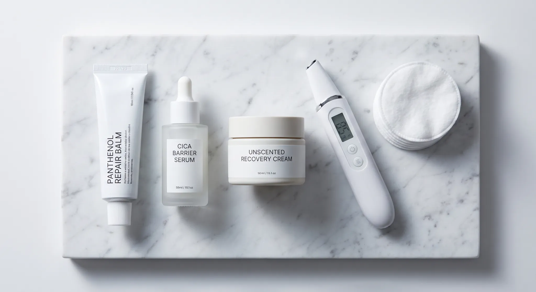 A flatlay of a barrier rescue kit on marble, featuring panthenol ointment, cica serum, and unscented cream.