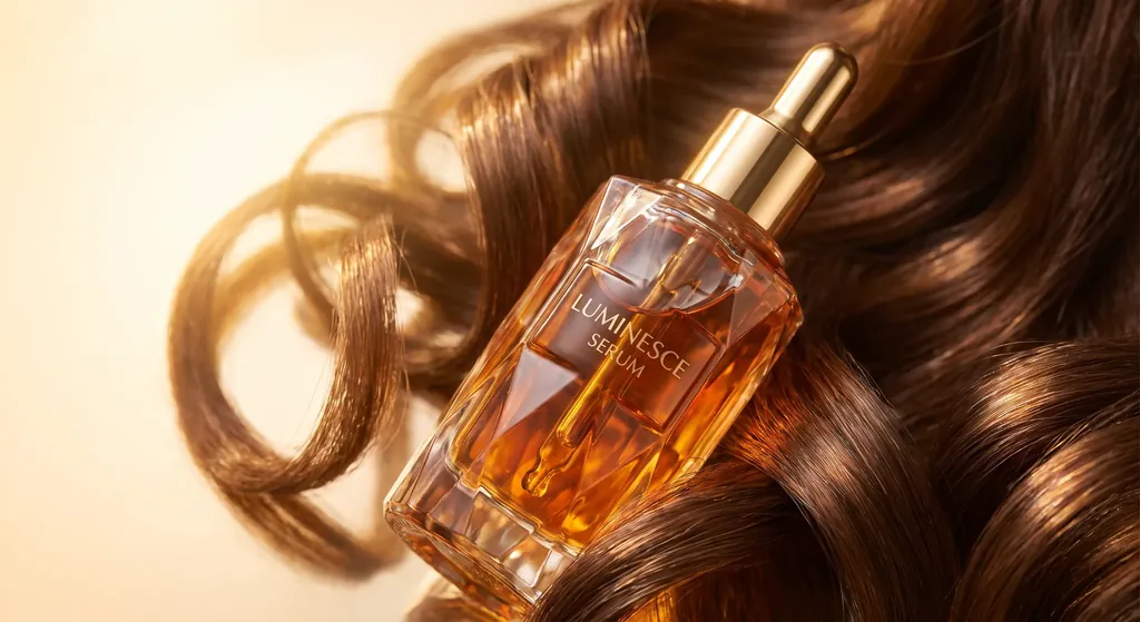 A scalp serum bottle resting on glossy brown hair