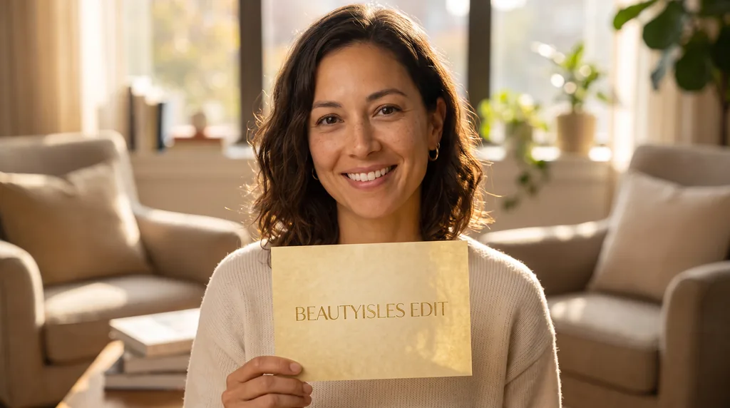 Avery holding a Beautyisles Edit envelope