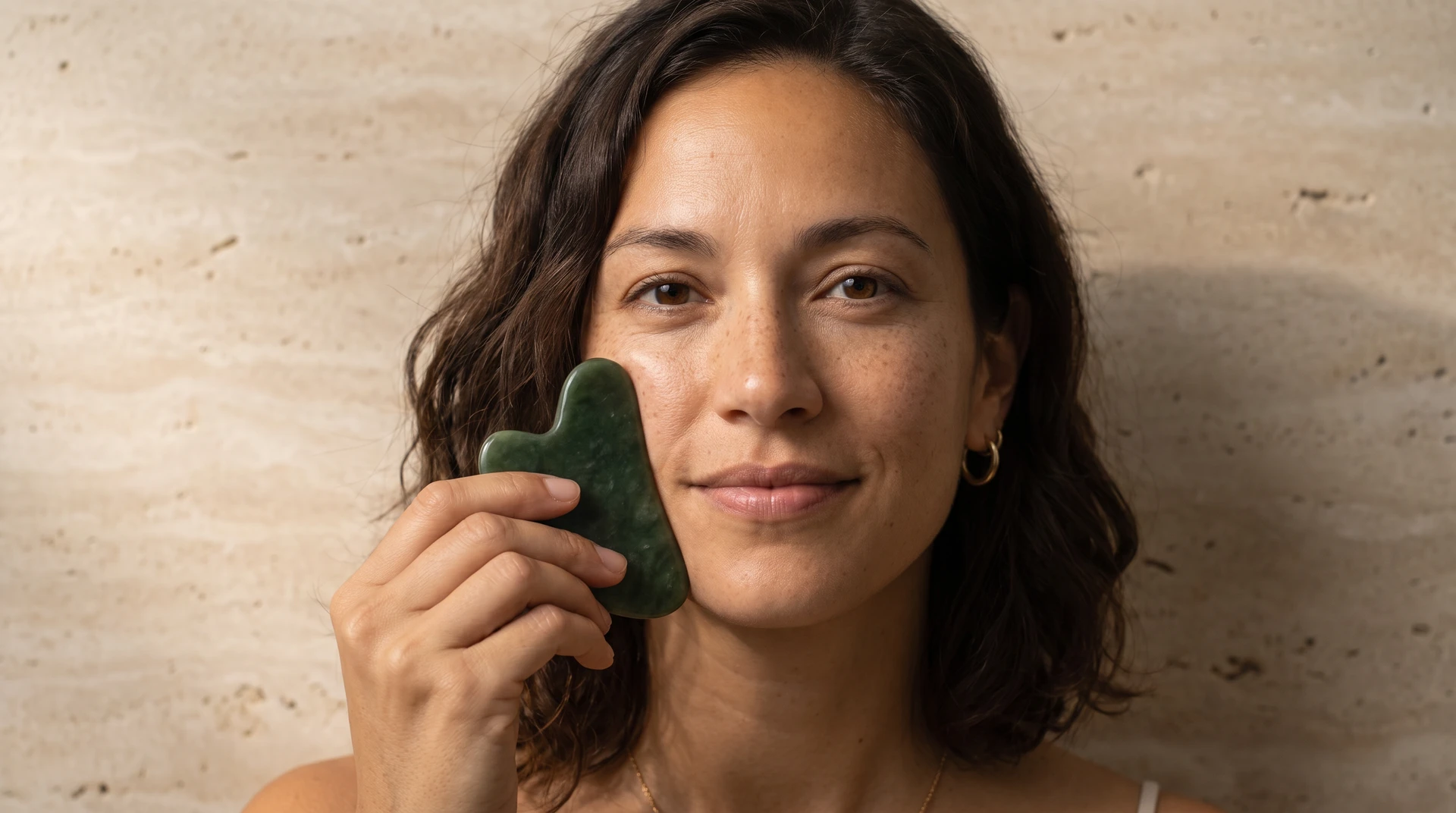 Woman using a green facial massage stone