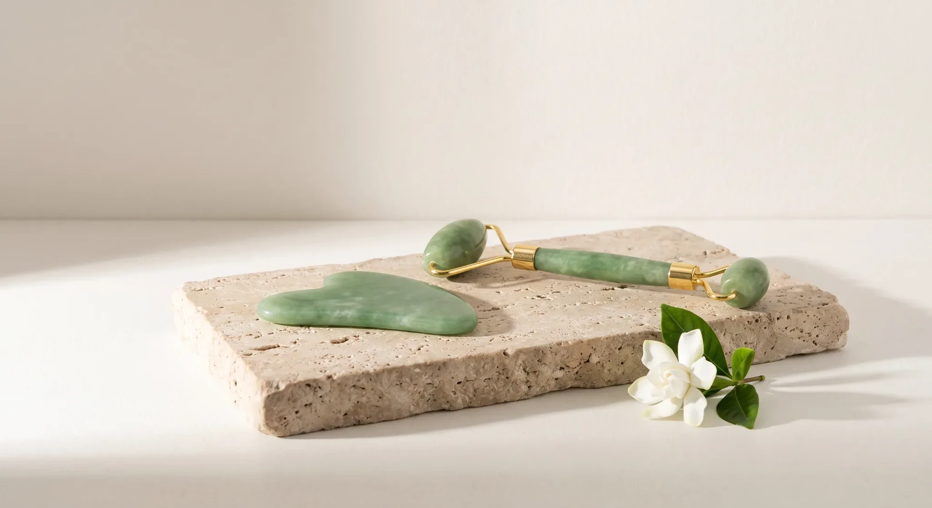 Green facial roller and massage stones on travertine
