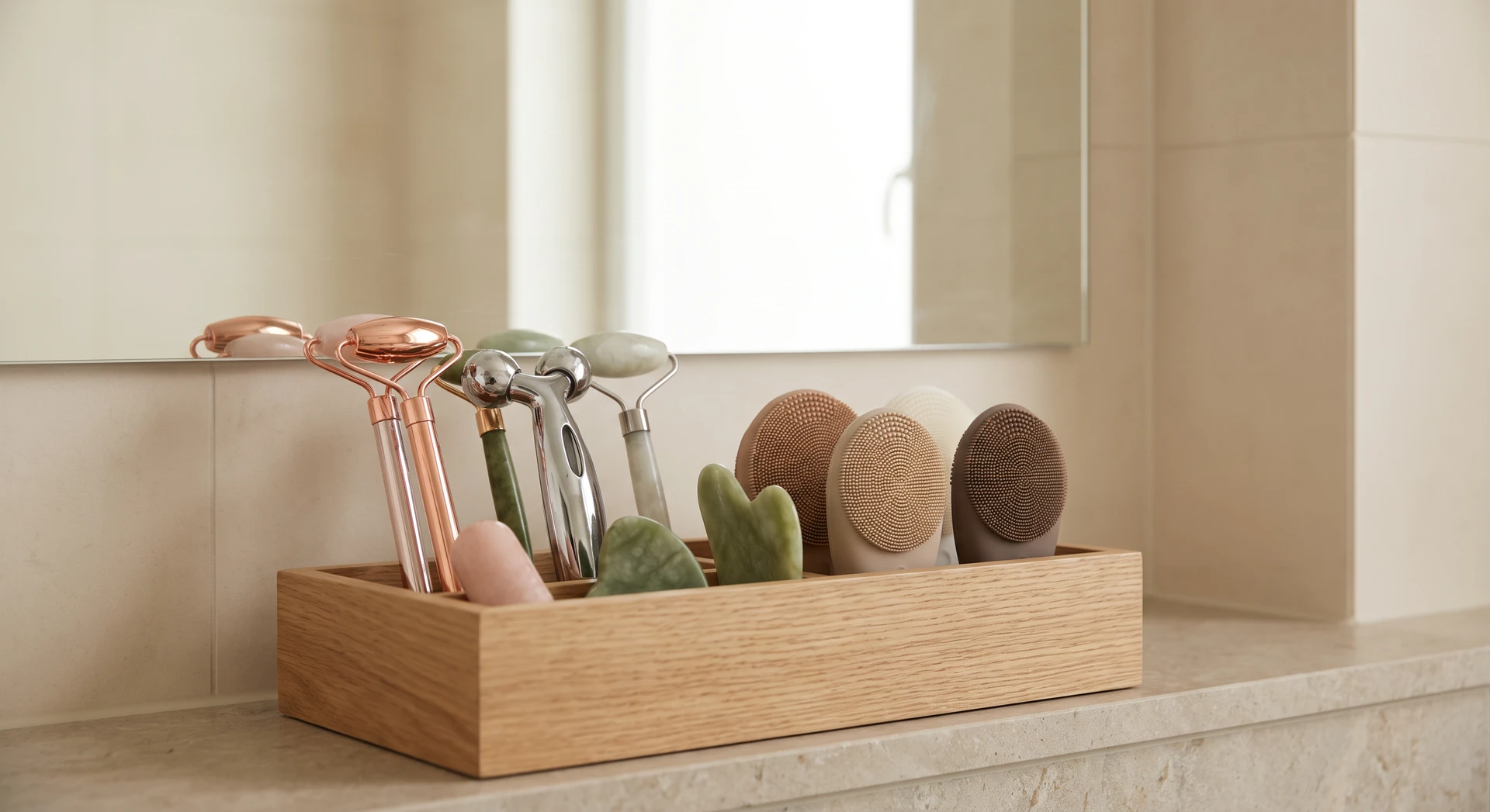 Facial rollers, cleansing brushes and massage stones in a wooden tray