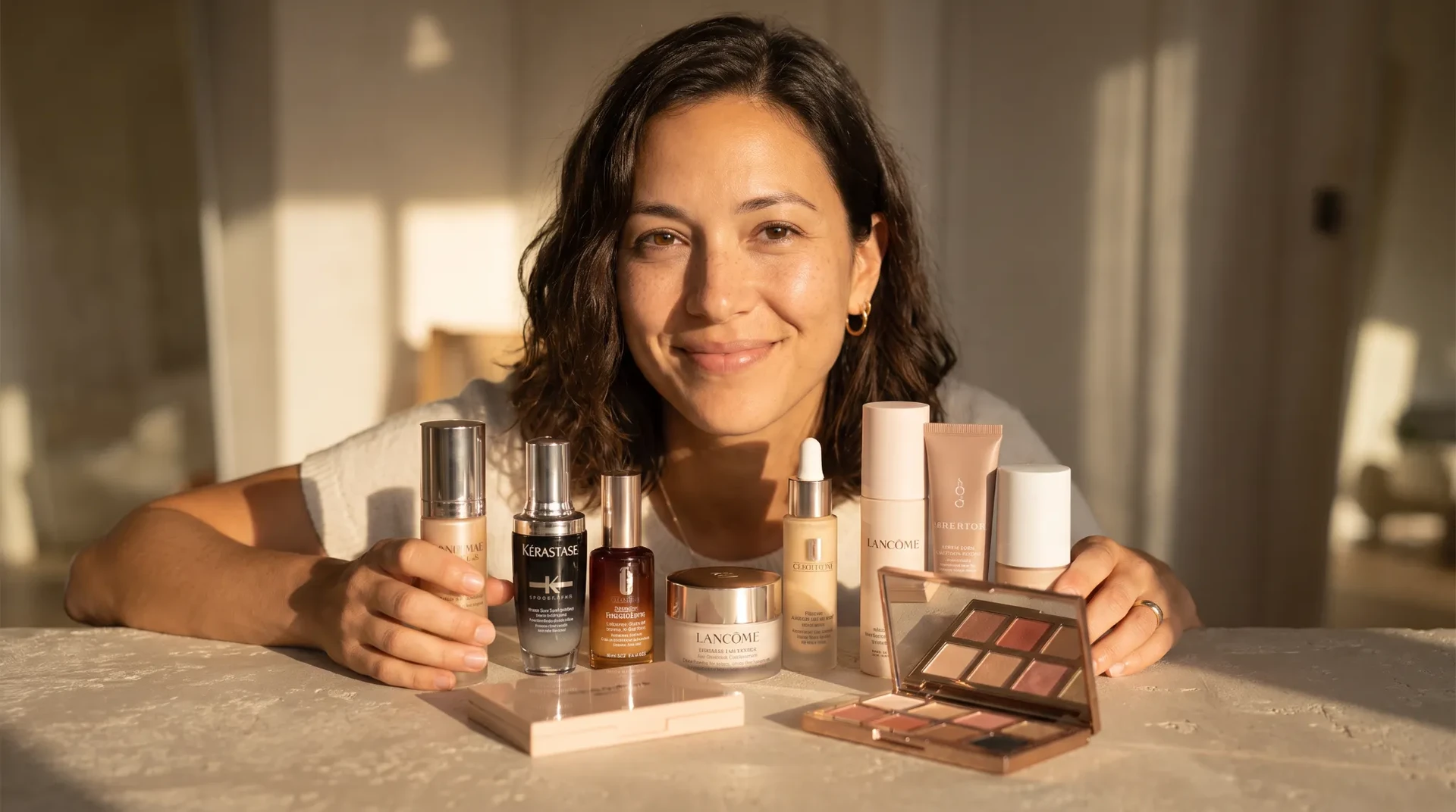 Woman presenting a considered selection of beauty products