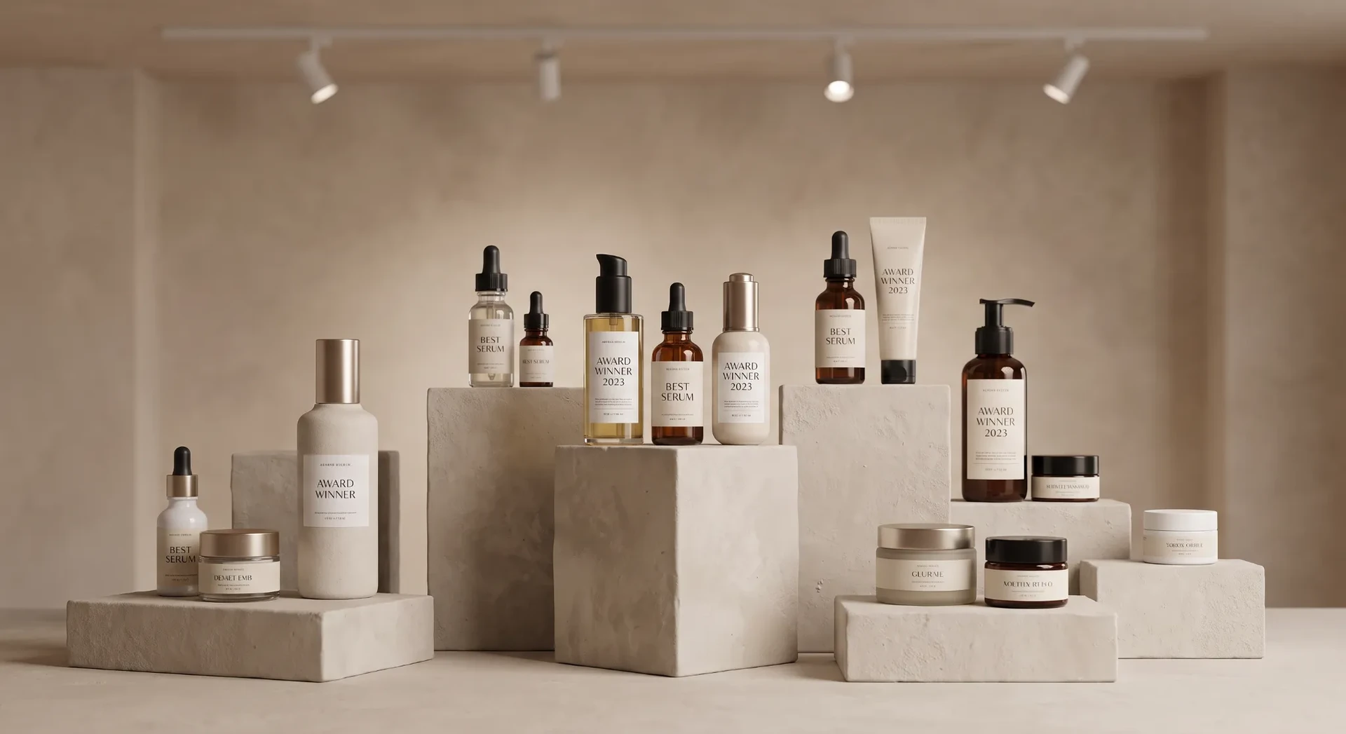 Beauty products displayed across neutral plinths