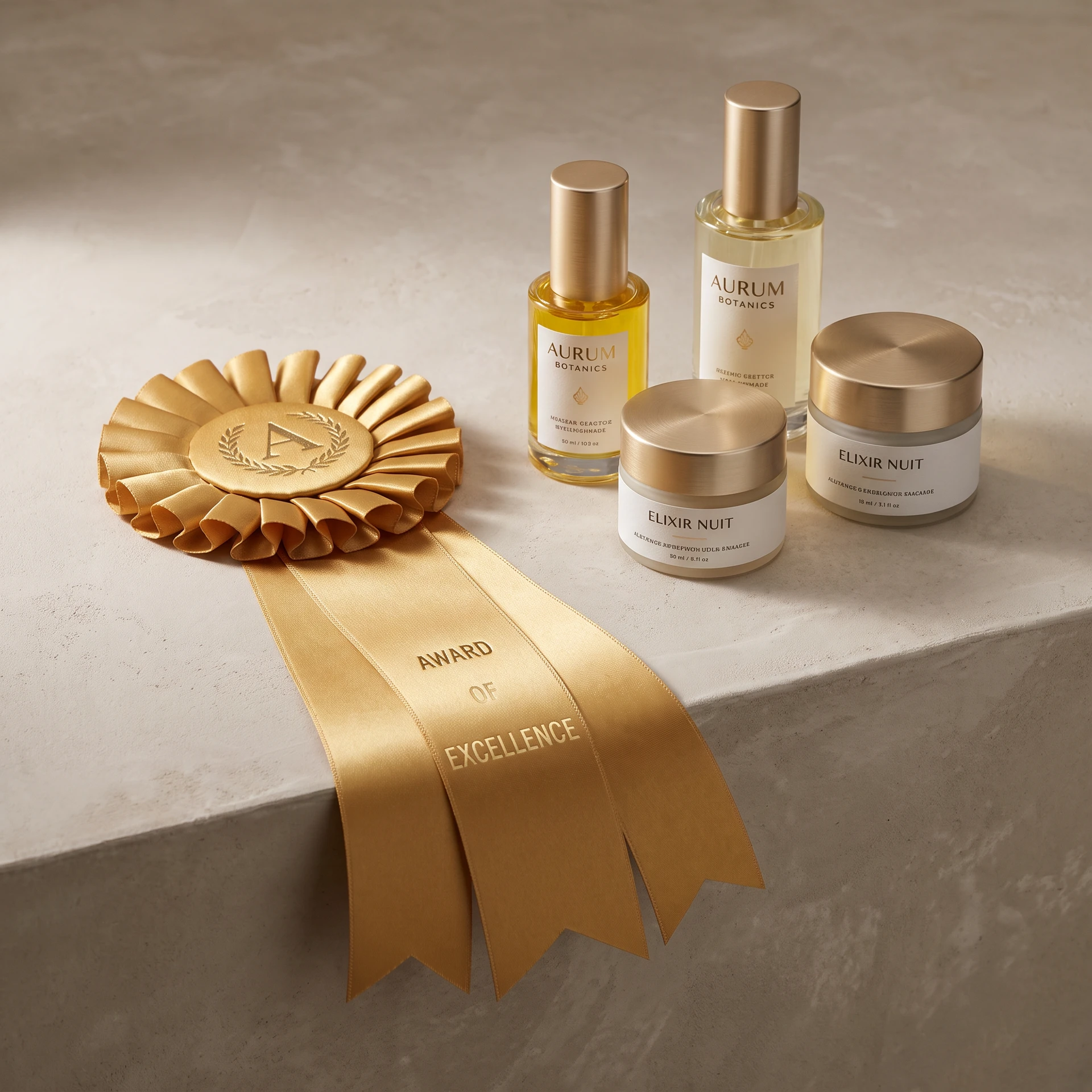 Beauty products beside a gold award ribbon