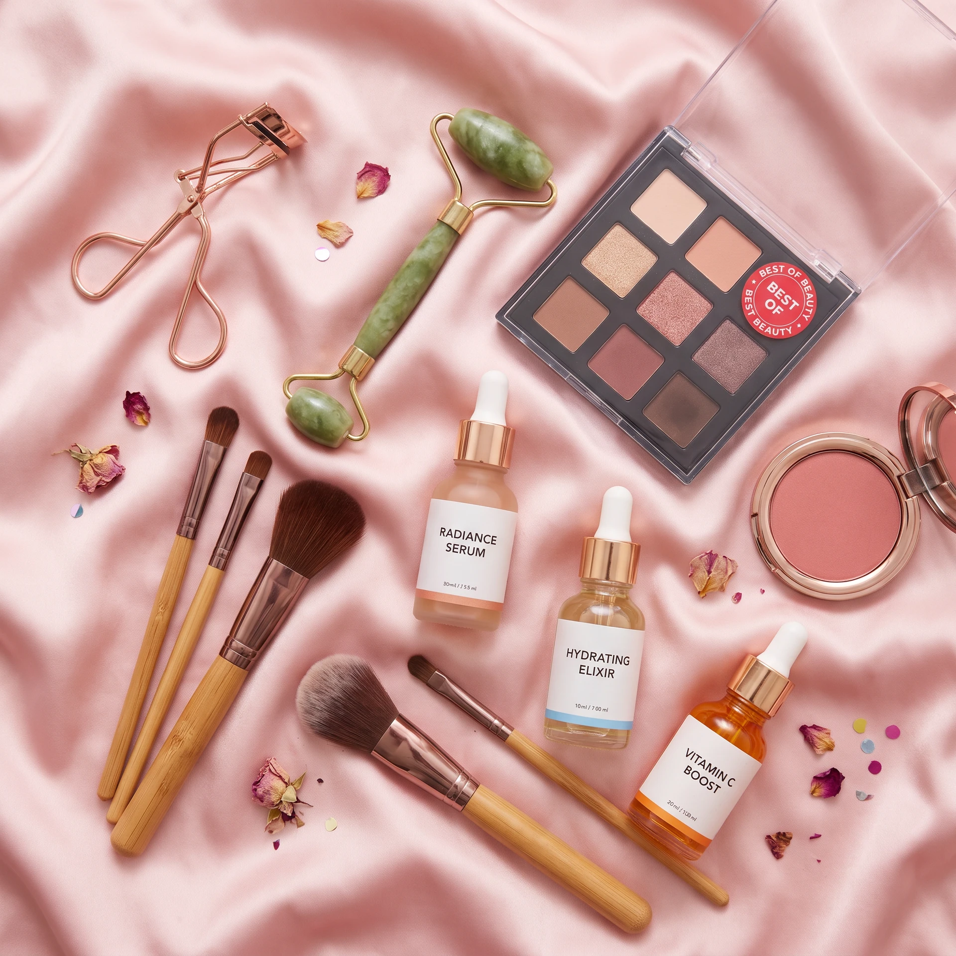 Makeup, skincare and facial tools arranged on rose satin