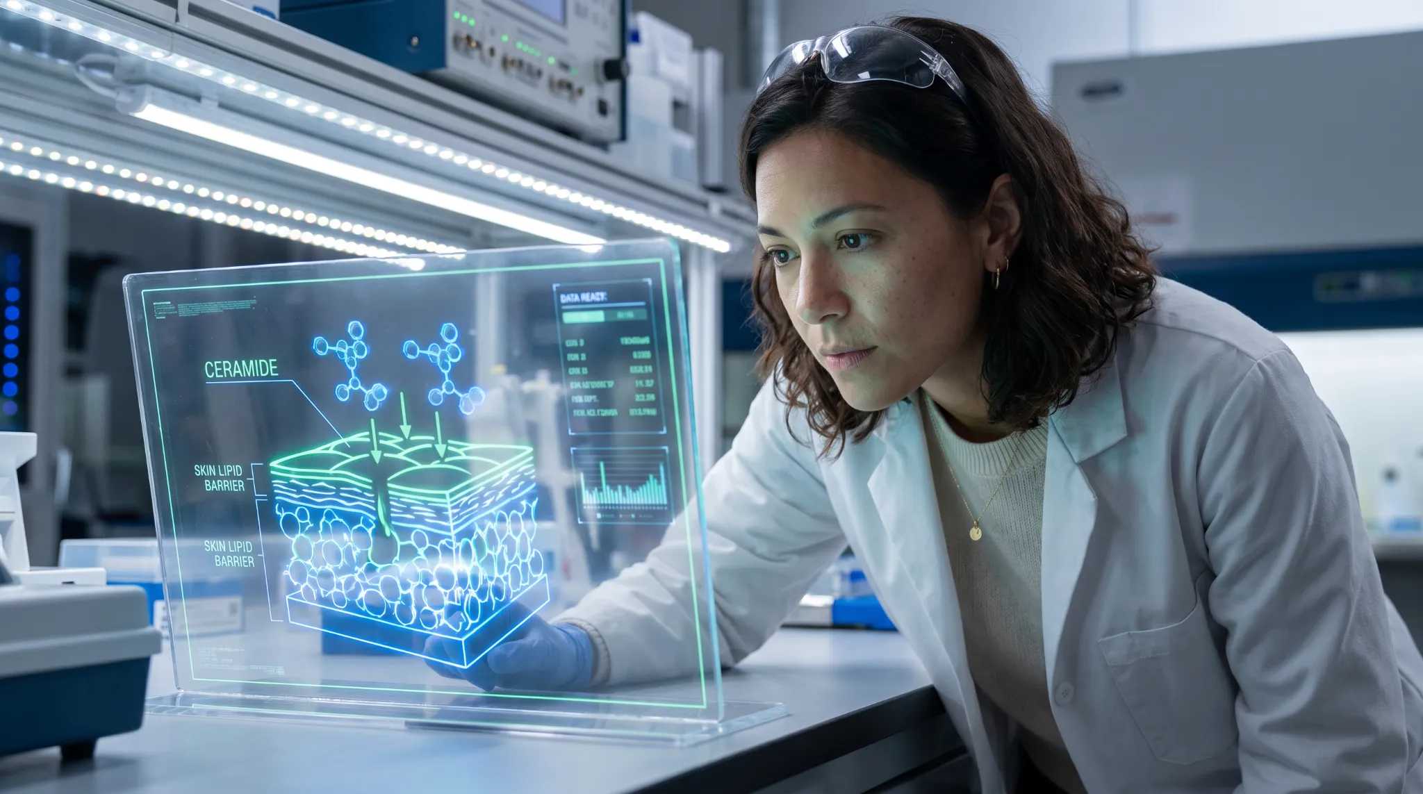 Avery analyzing a glowing digital diagram of the skin's lipid barrier being repaired by ceramides.