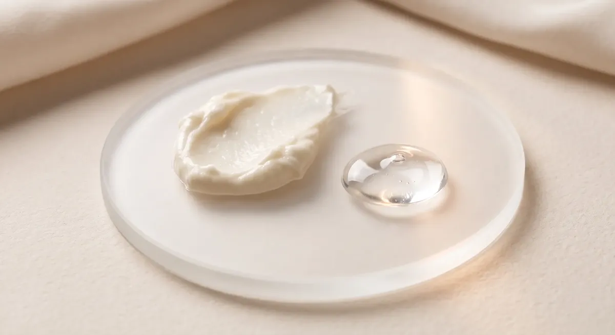 Artistic cosmetic texture comparison of a rich ceramide lipid cream on the left and a crystal-clear hyaluronic acid serum droplet on the right.