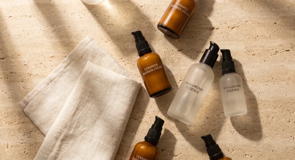 Editorial skincare arrangement of barrier repair creams and hydrating serums on a warm travertine stone background.