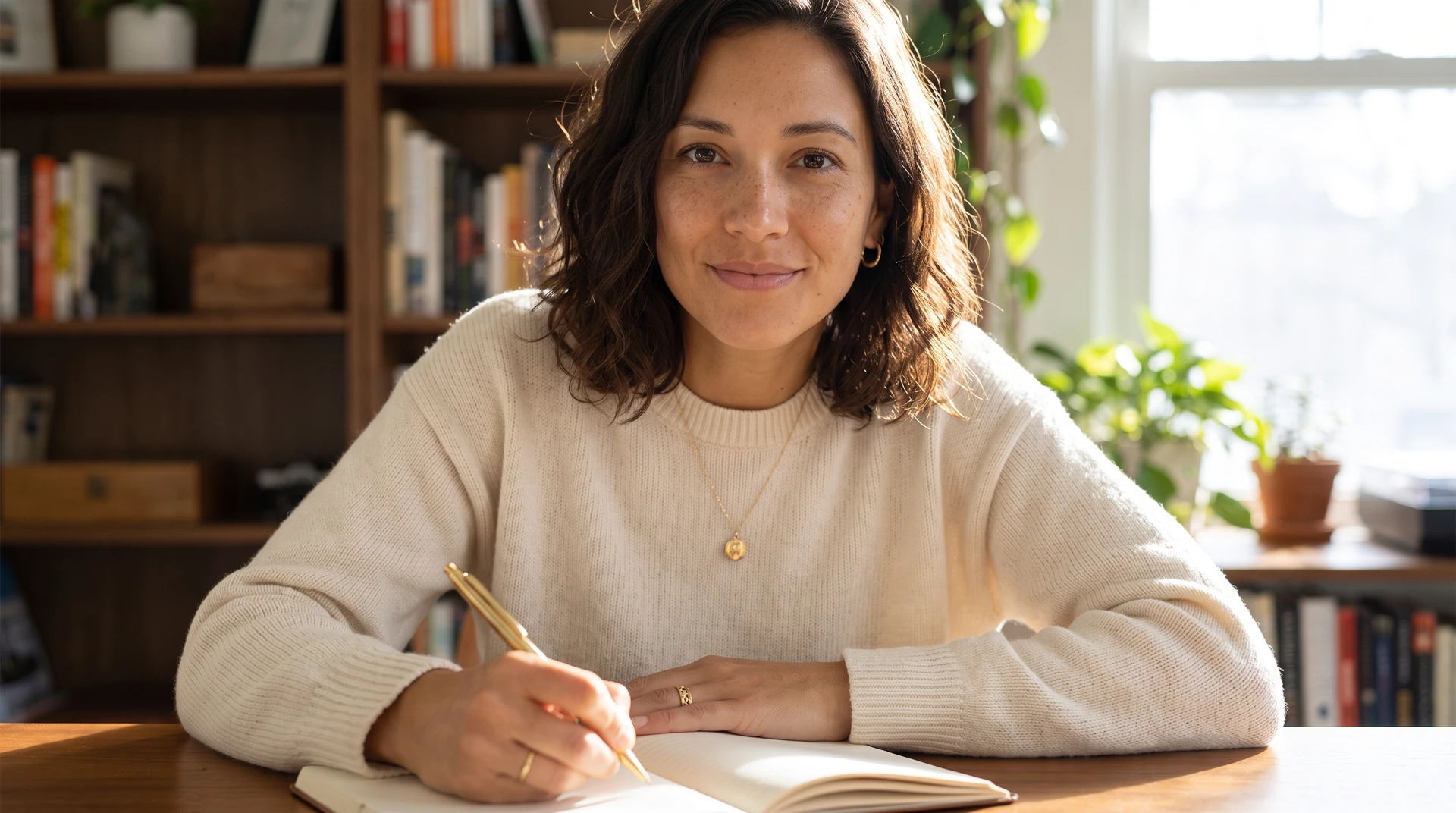 Woman writing notes at a desk in a bright library