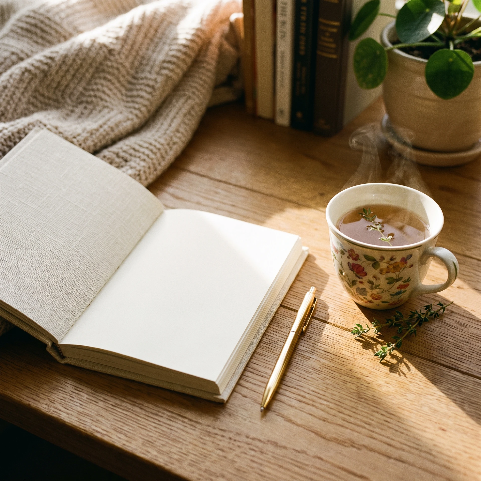 Open notebook and tea on a warm wooden desk