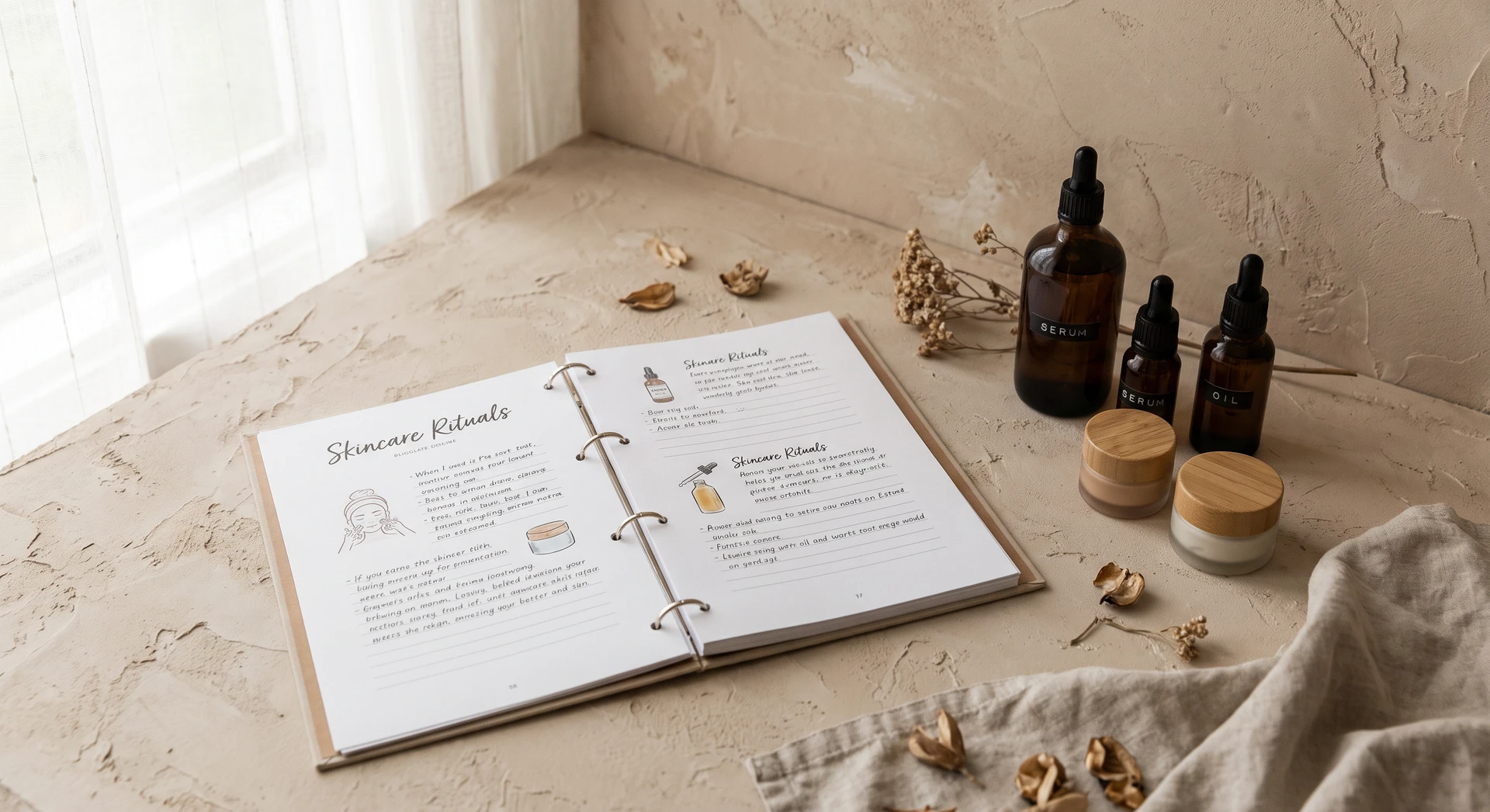 Open skincare routine notebook beside amber bottles and jars