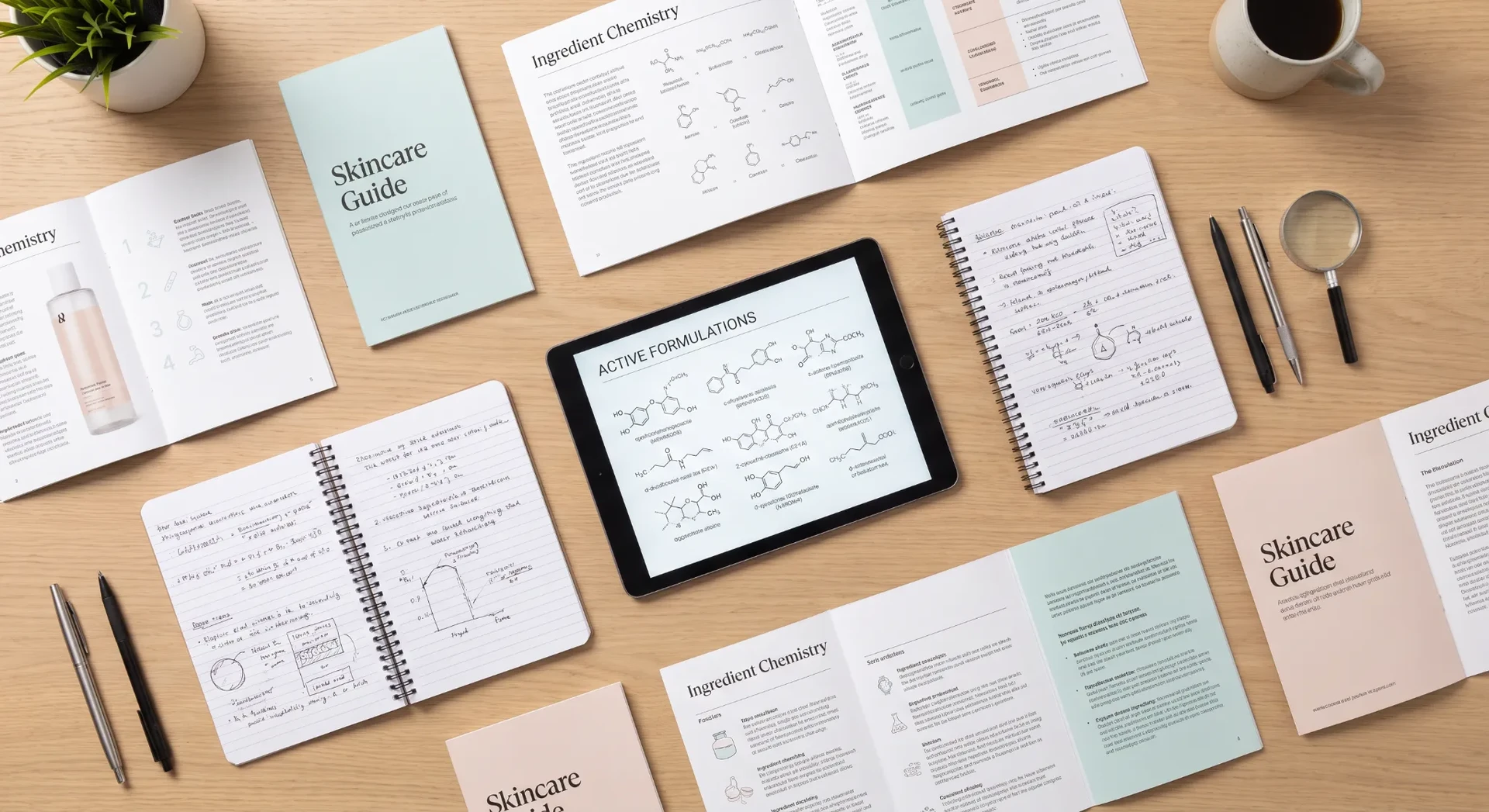 Skincare research papers, notebooks and tablet spread across a desk
