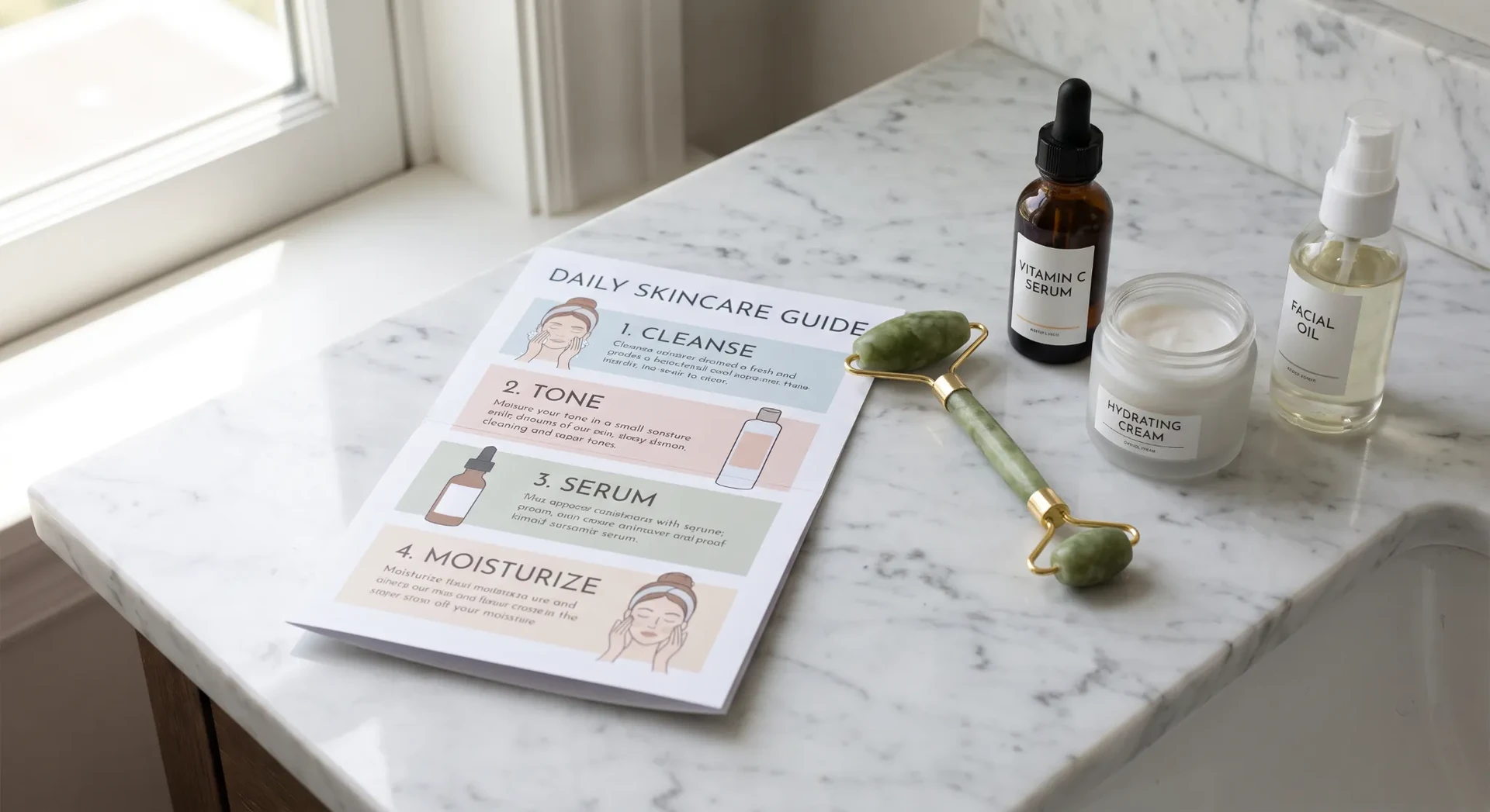 Printed daily skincare guide beside bottles and a facial roller
