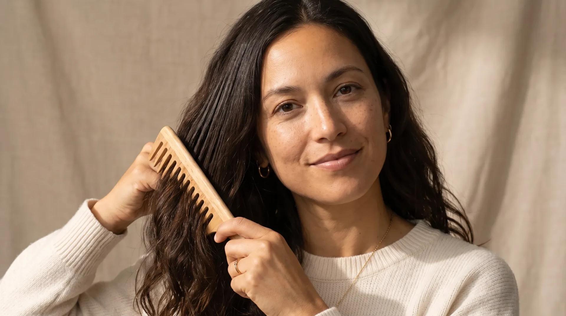 Woman gently combing long dark hair