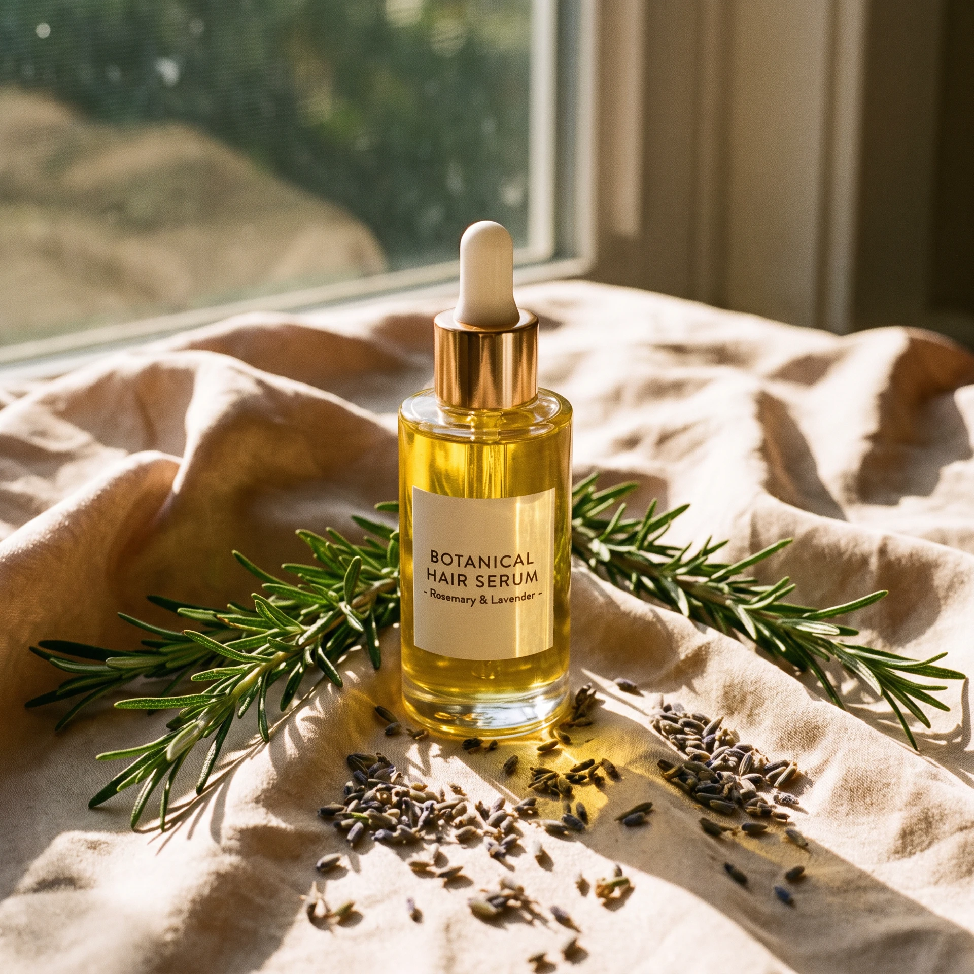 Botanical hair oil bottle beside rosemary and lavender