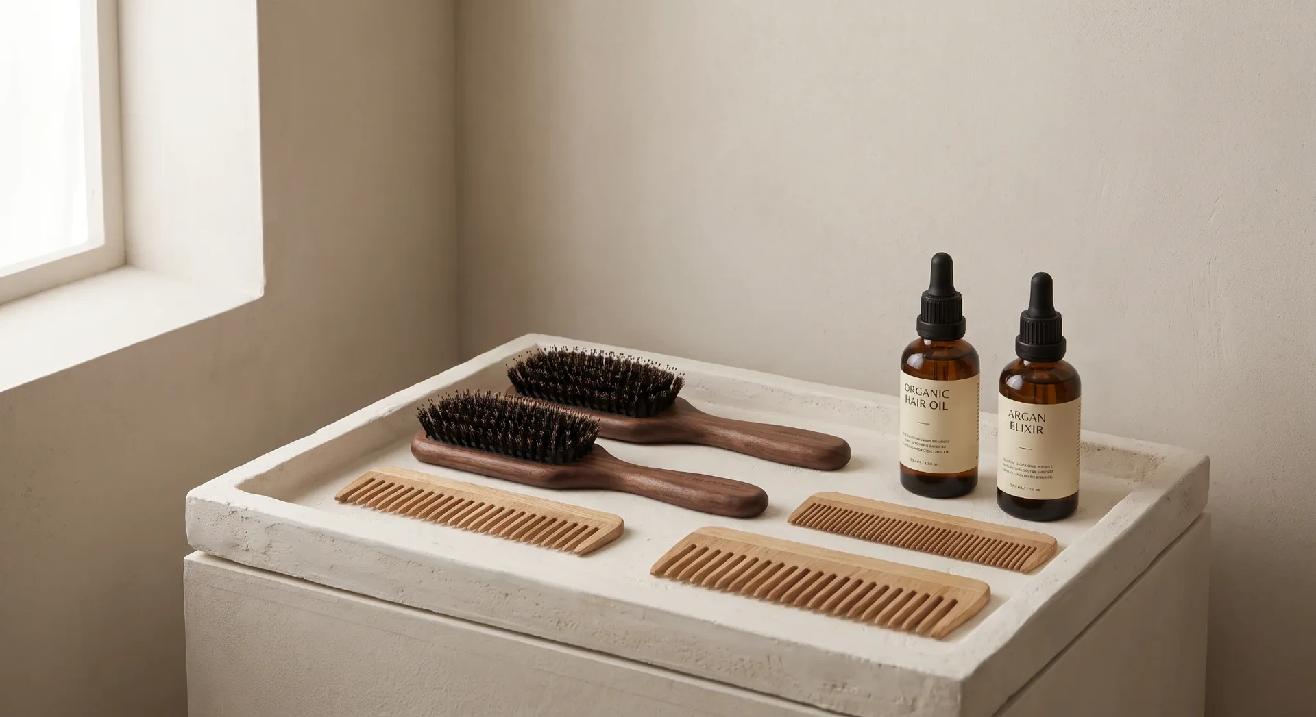 Wooden combs, brushes and hair oils arranged on a tray