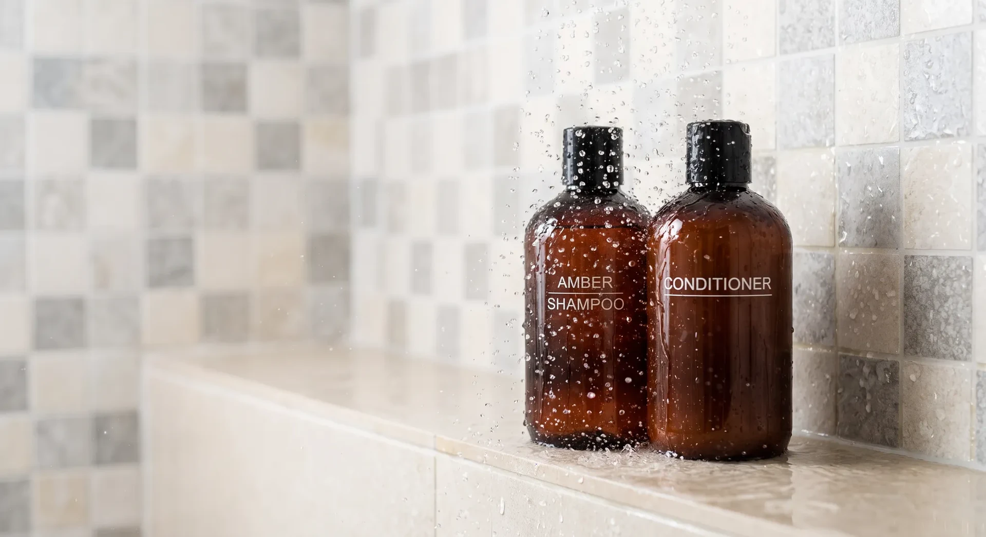 Amber shampoo and conditioner bottles in a shower