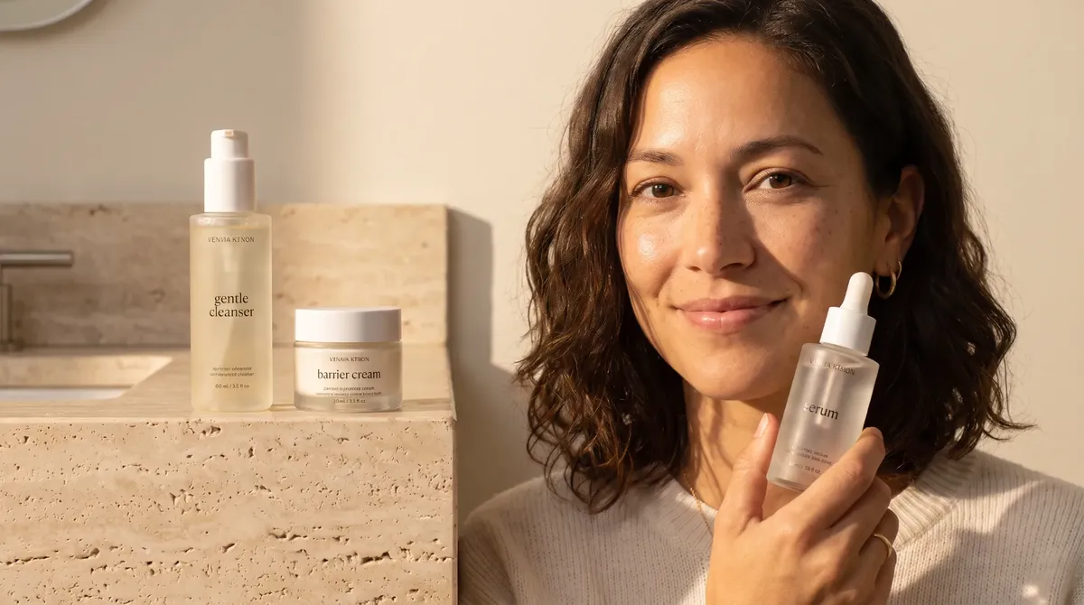Avery presenting a minimal three-step skincare routine with a gentle cleanser, barrier cream, and broad-spectrum sunscreen.
