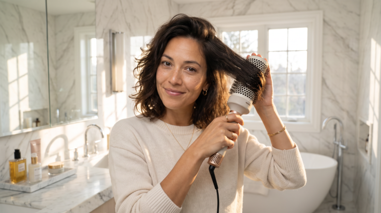 Avery styling hair with bouncy volume using a round blow dryer brush