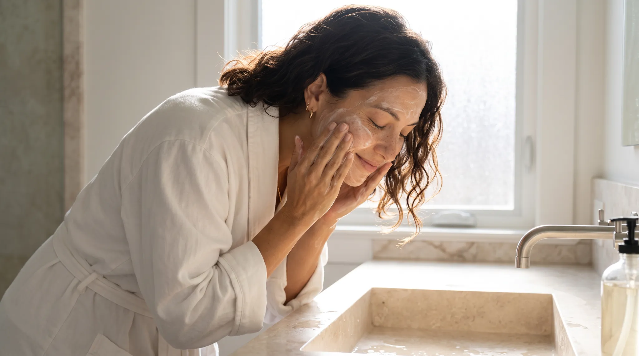 Avery washing her face with a creamy facial cleanser over a stone sink.