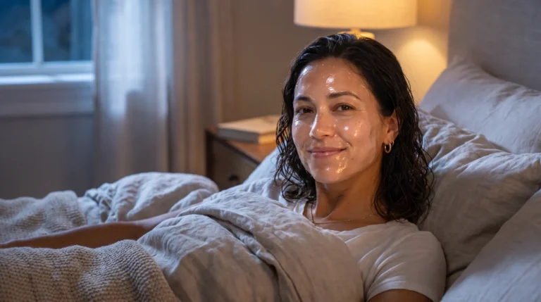 Avery resting in bed with glowing skin wearing an overnight face mask