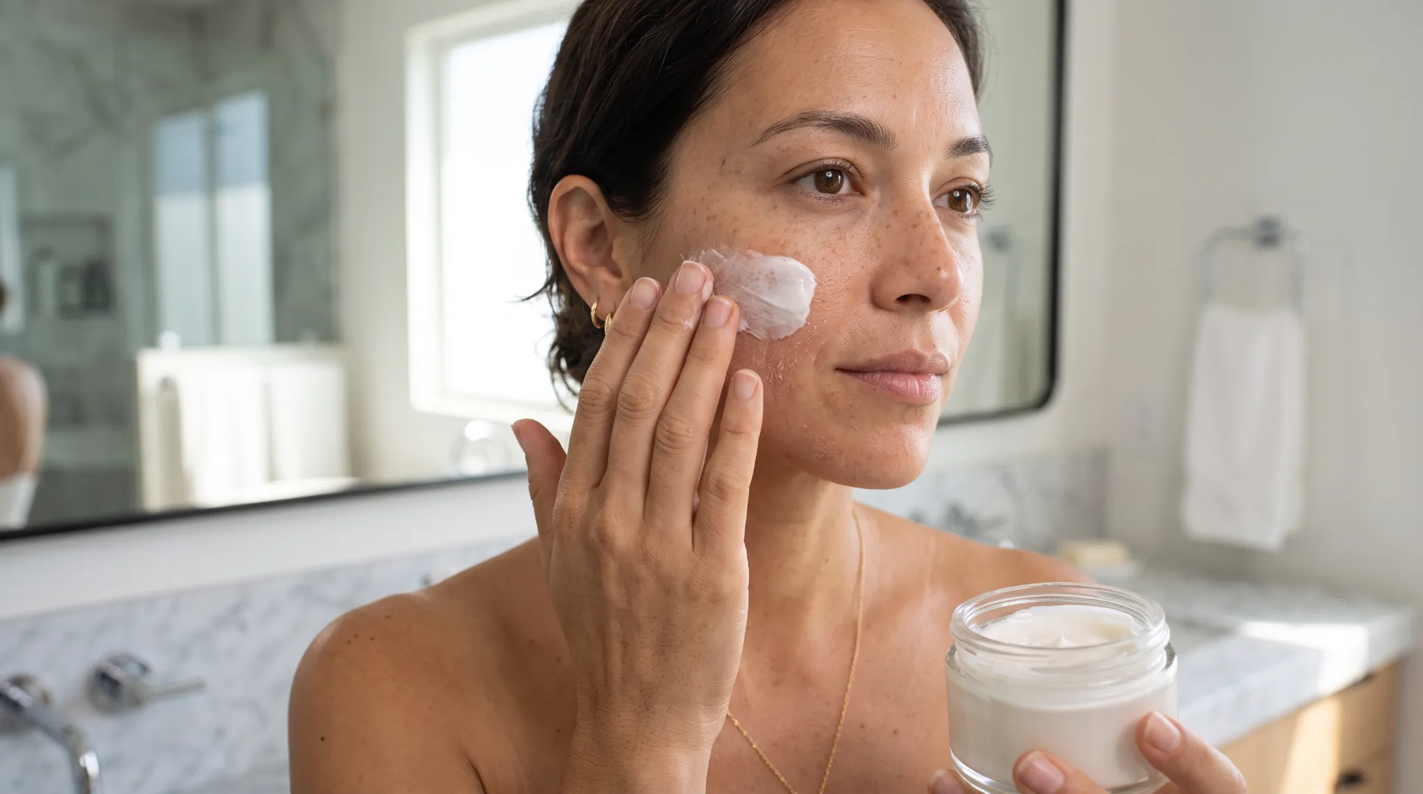 Avery applying a soothing barrier repair cream over inflamed skin to treat retinol burn.