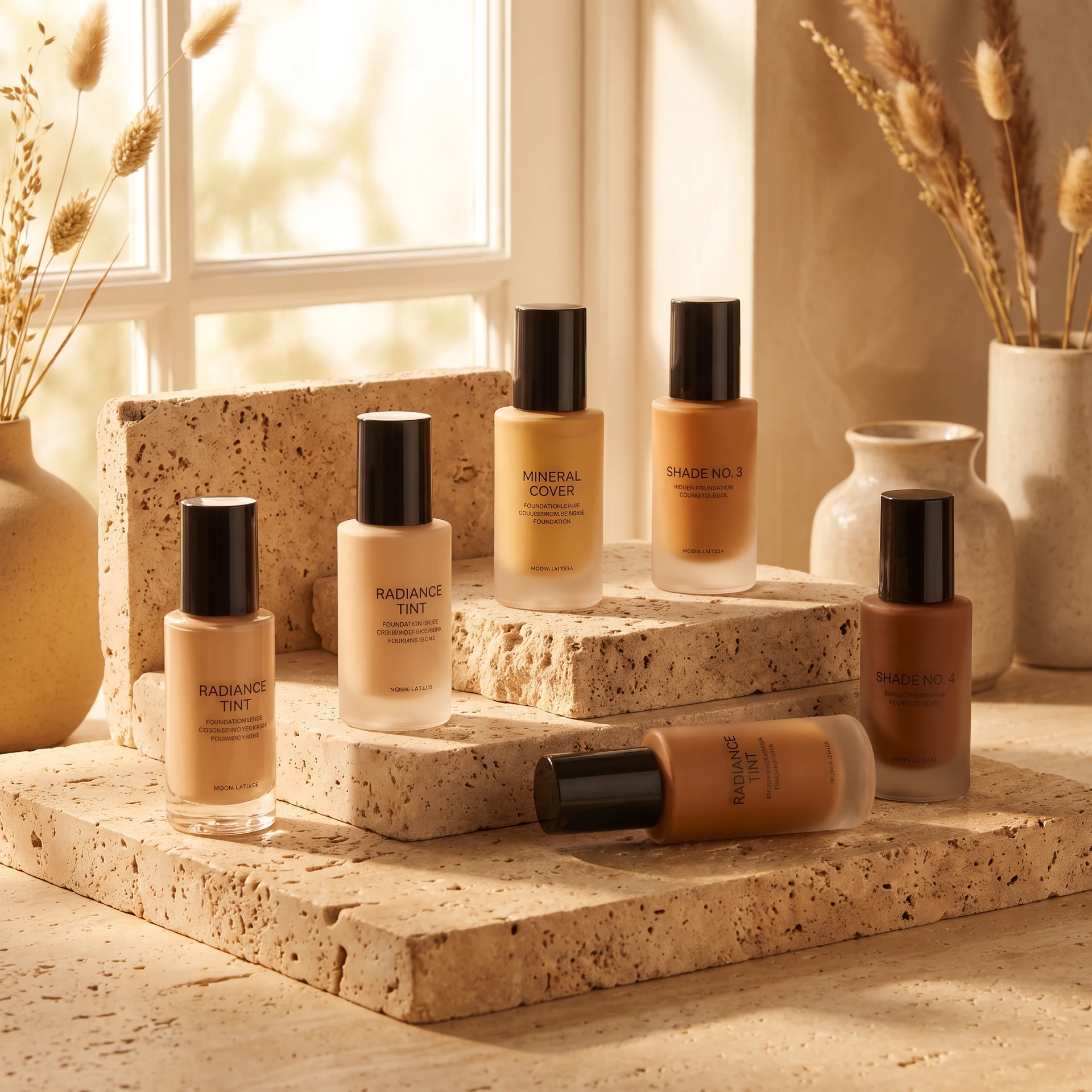 Foundation bottles arranged in warm window light