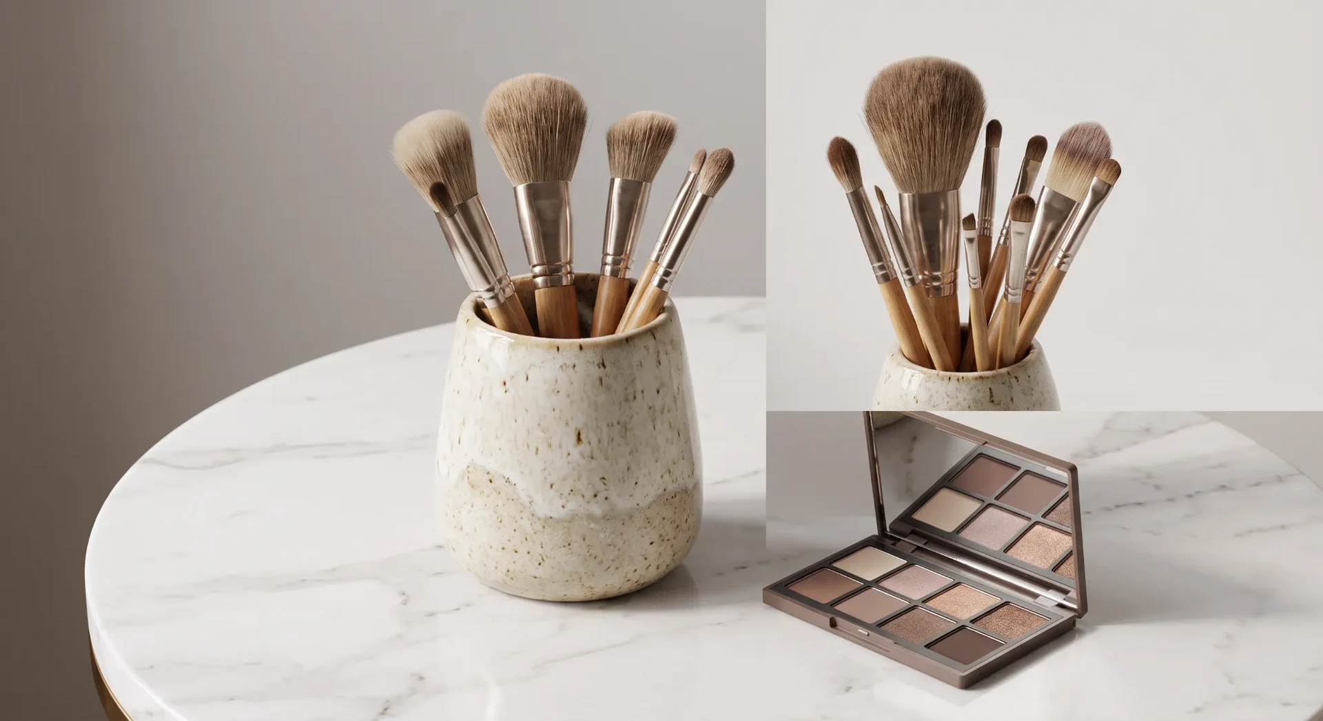 Makeup brushes and neutral palette on a marble table