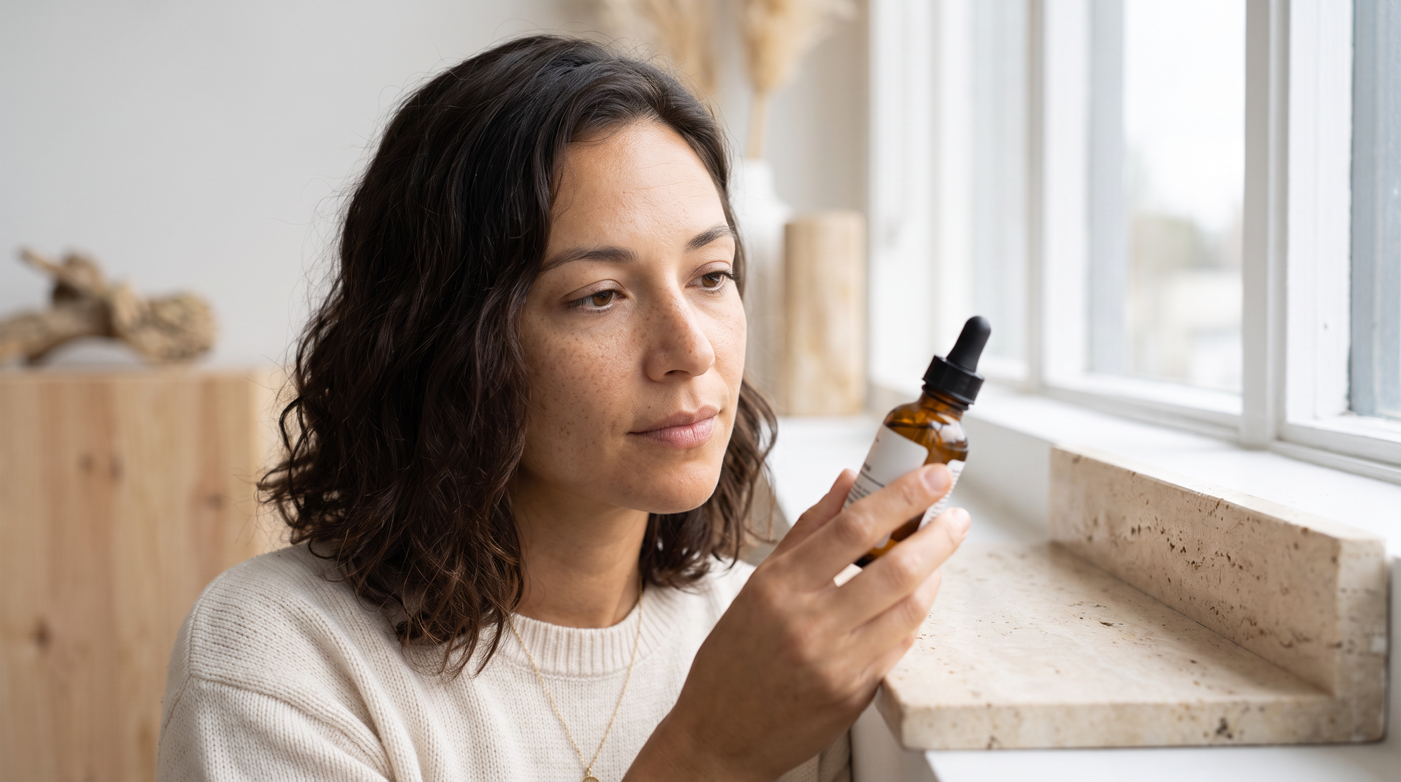 Avery carefully examining a cosmetic serum bottle formulation