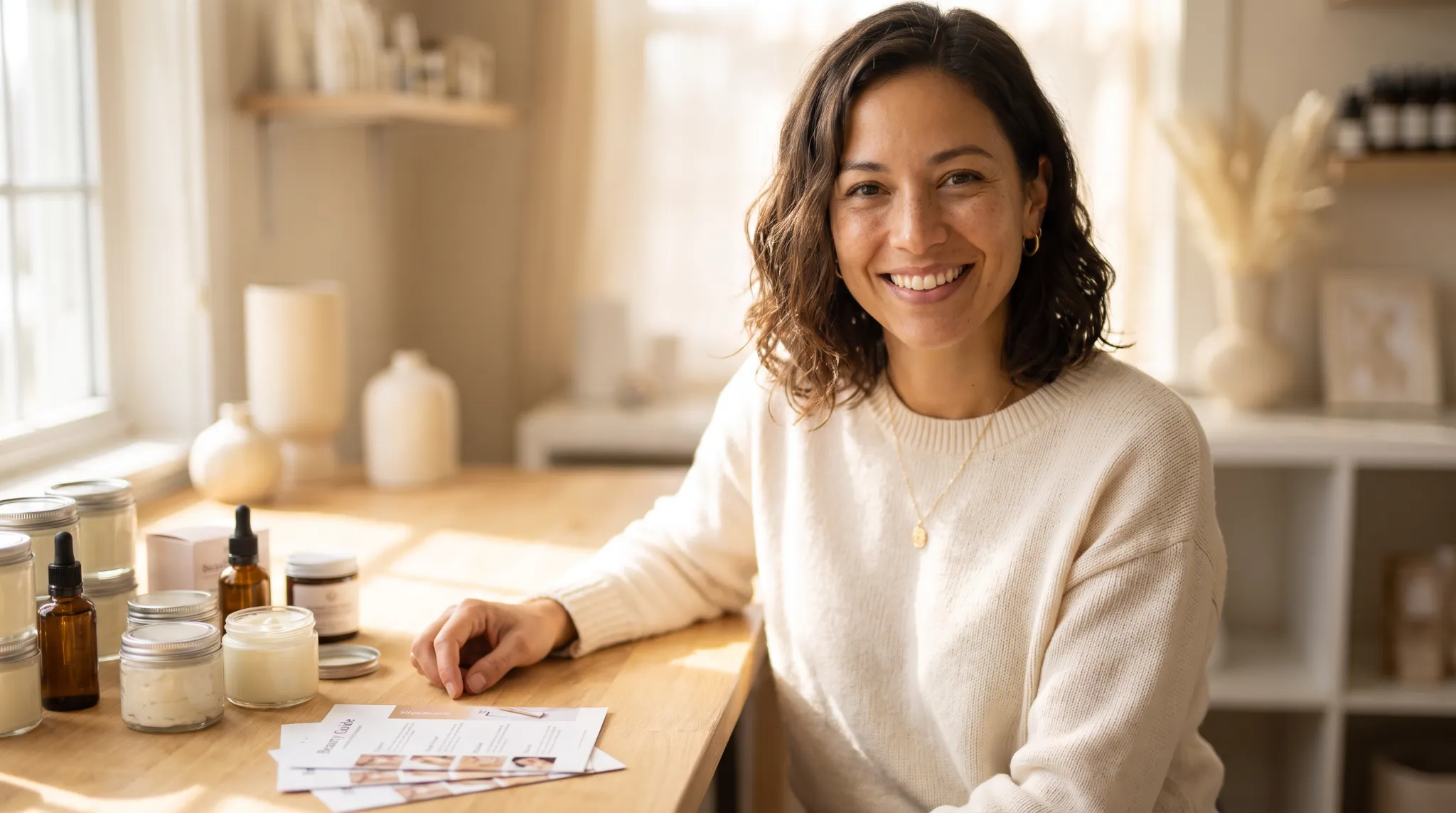 Avery seated at her beauty studio workstation with routine guide cards