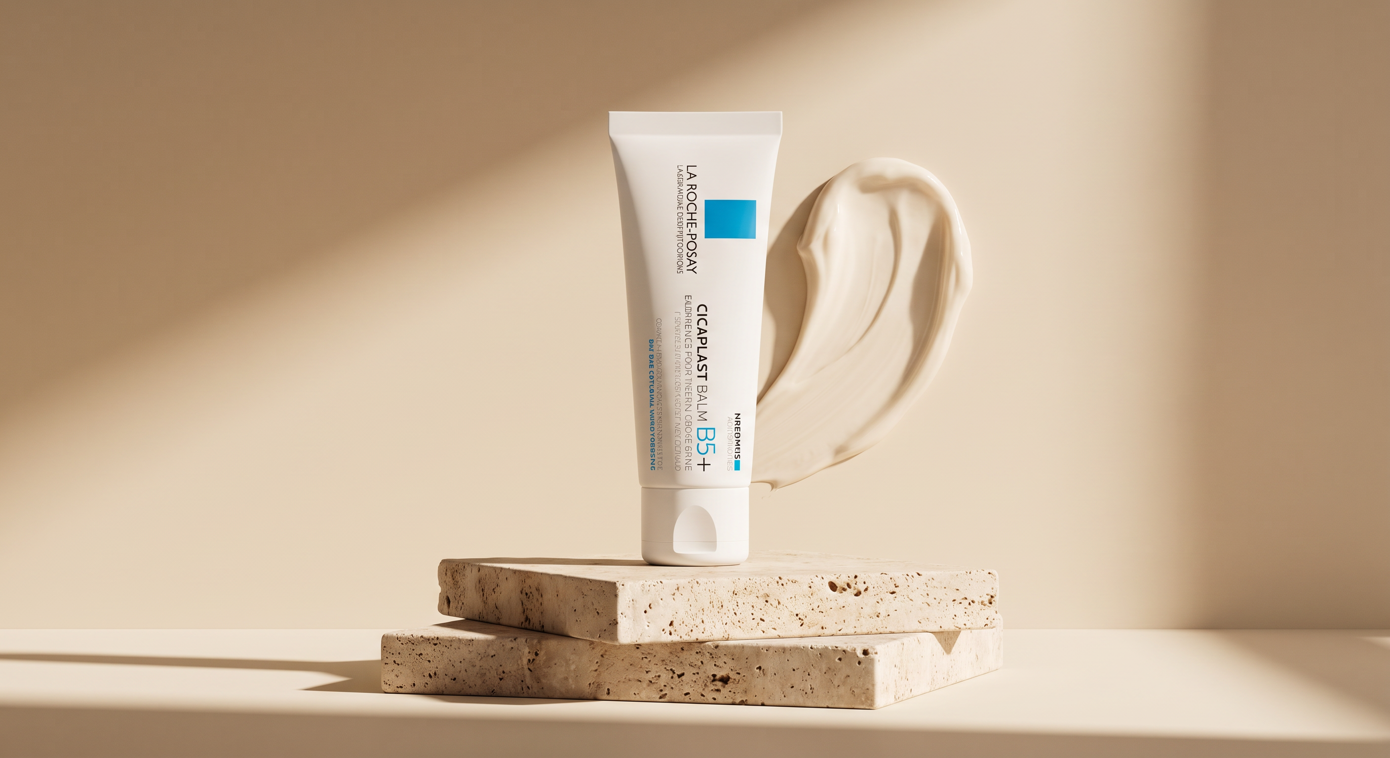 La Roche-Posay Cicaplast Balm B5+ tube and cream swatch on travertine stone