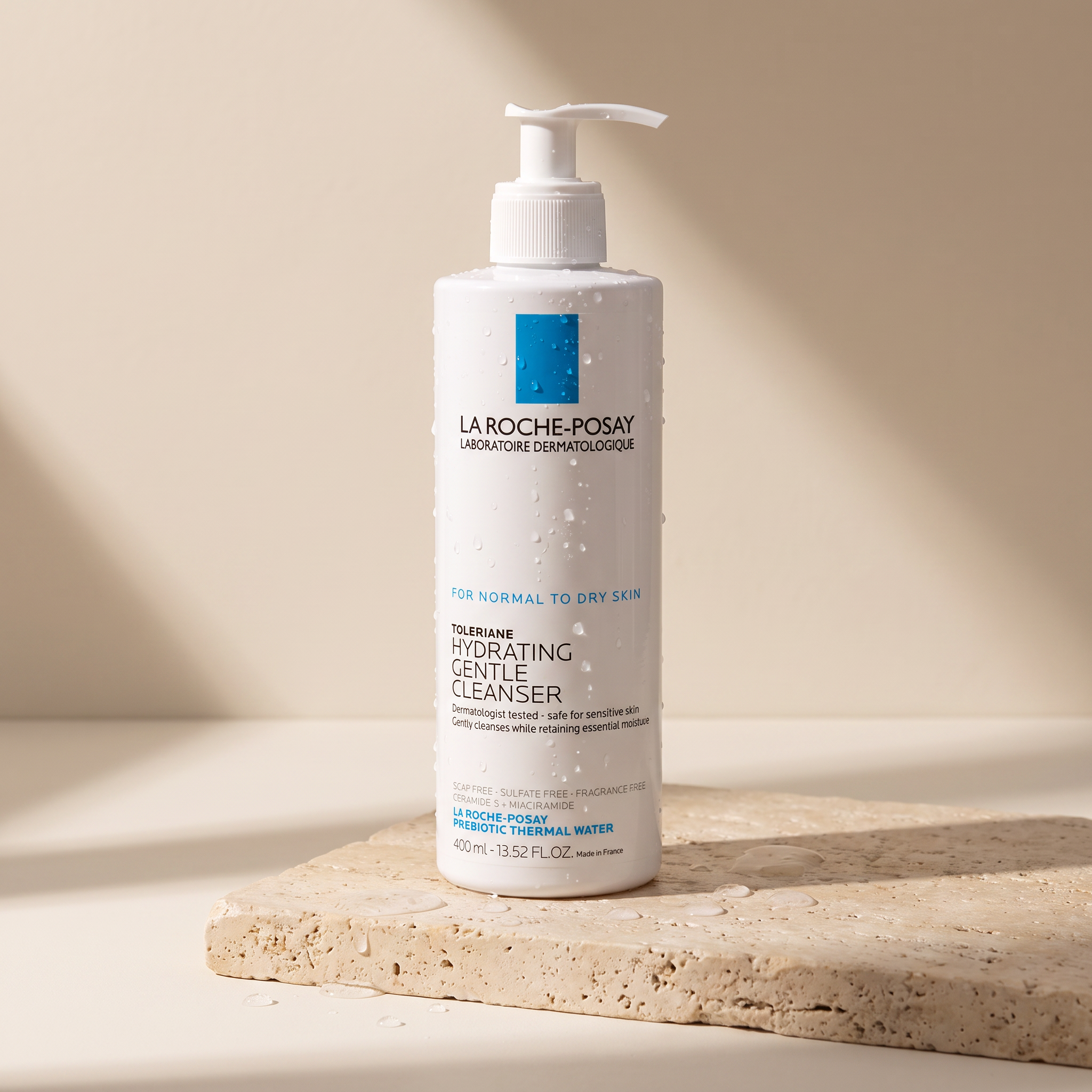 La Roche-Posay Toleriane Hydrating Gentle Cleanser pump bottle on travertine limestone