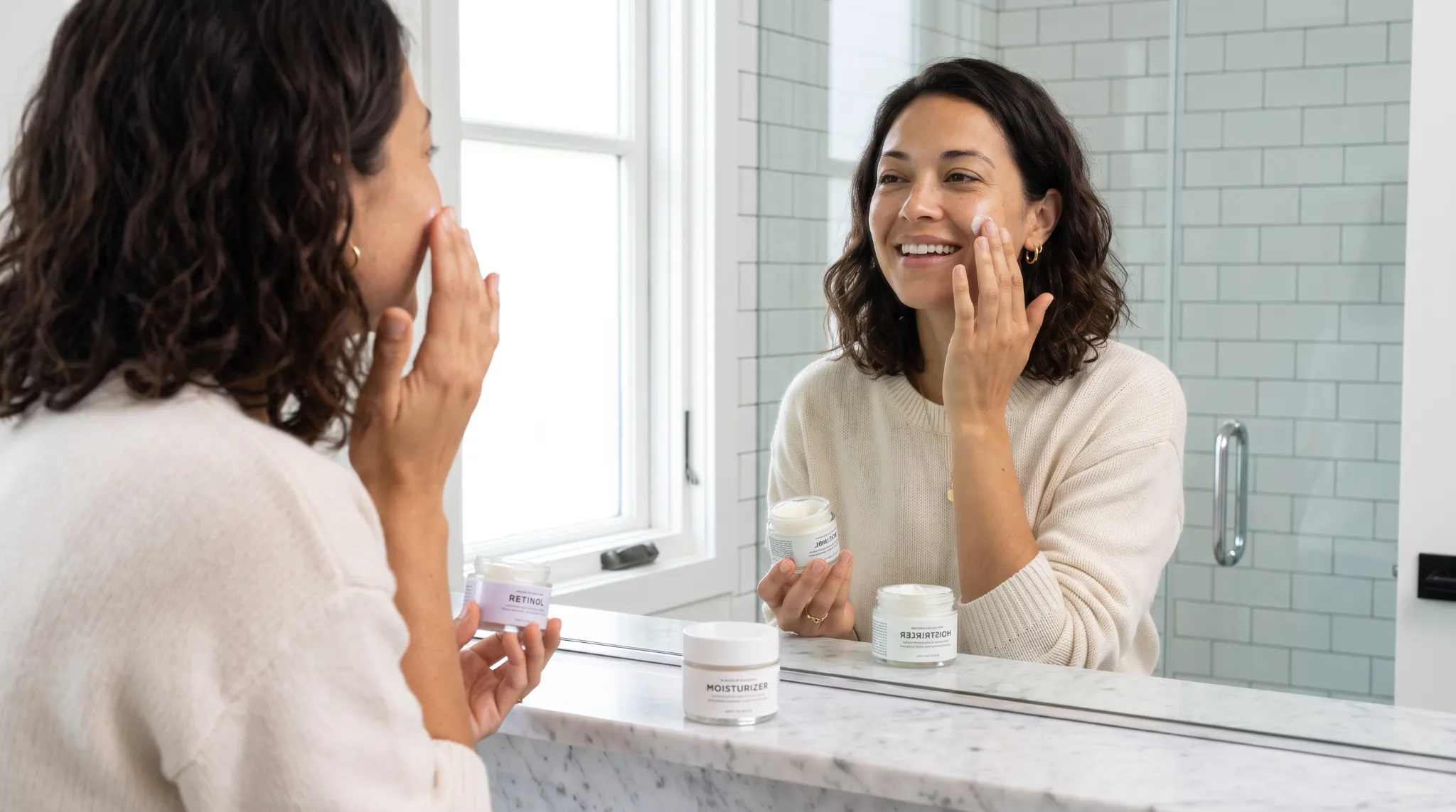 Avery analyzing a split screen comparing a mild retinol purge to severe red retinol burn dermatitis.