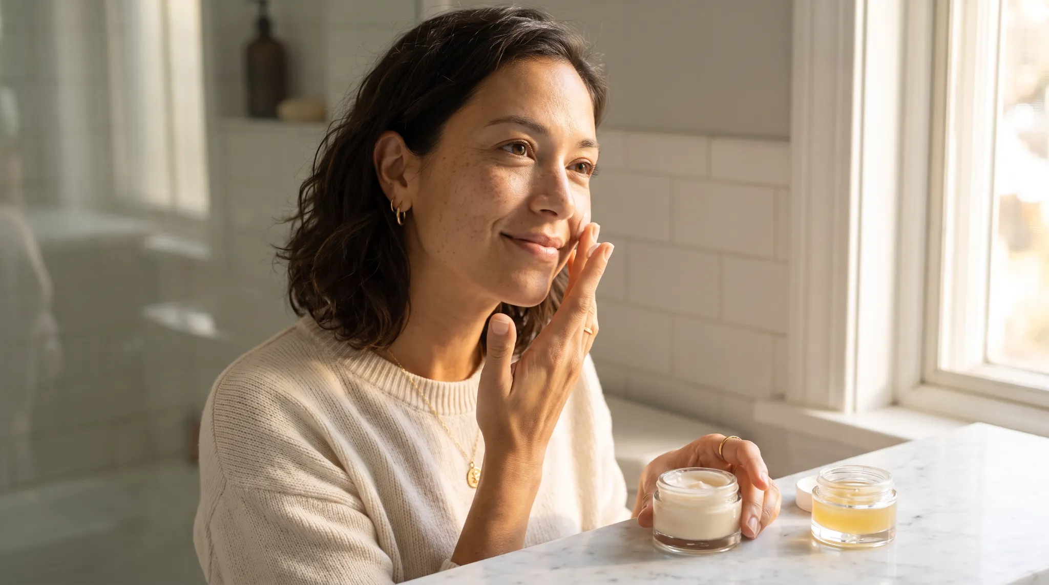Avery demonstrating the sandwich method of skincare by layering barrier cream and retinol.