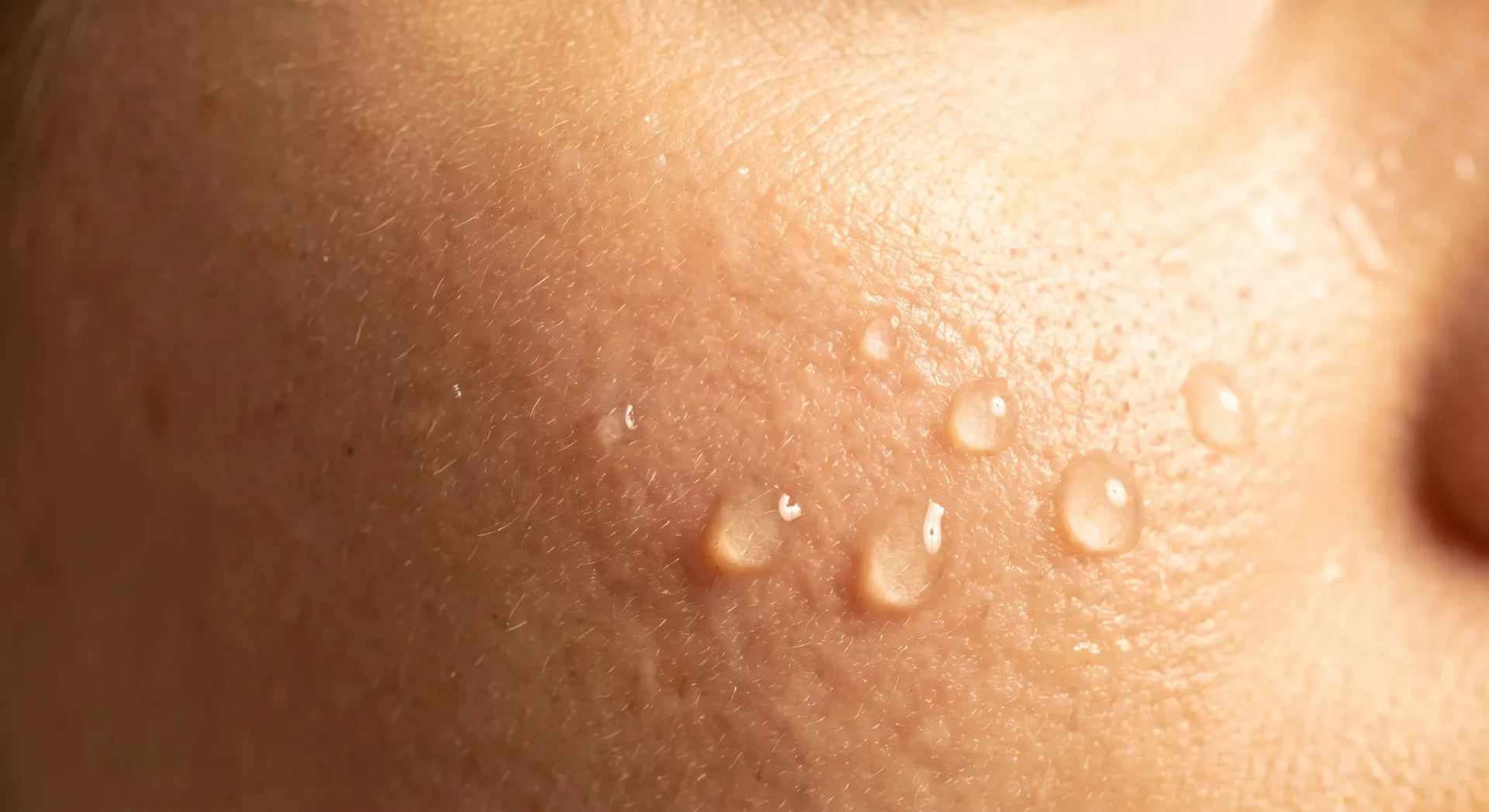 Close view of natural skin texture with drops of serum
