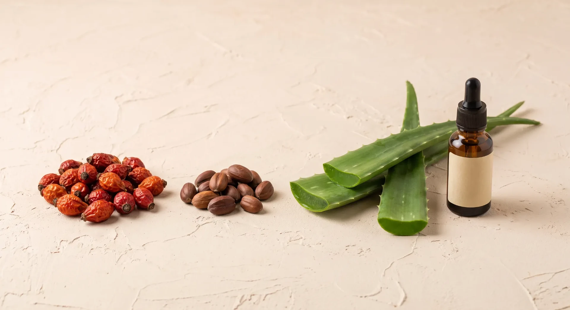 Aloe leaves, rosehips, jojoba seeds and an amber dropper bottle