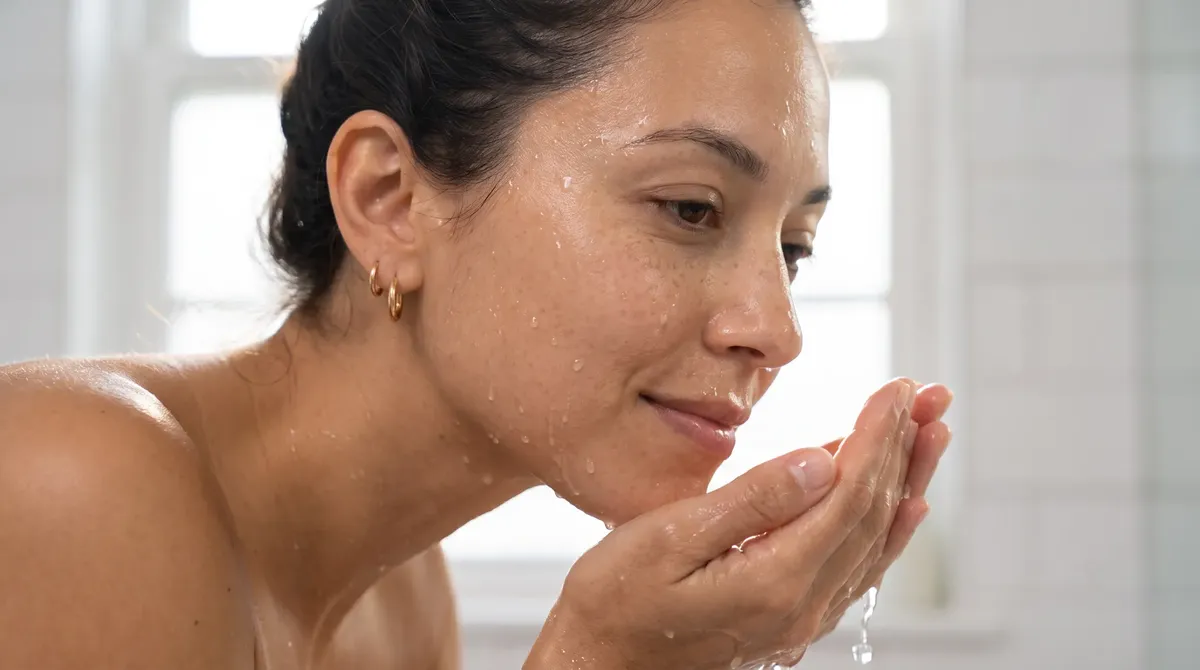Avery demonstrating gentle face washing technique with lukewarm water and clean splash on radiant skin.