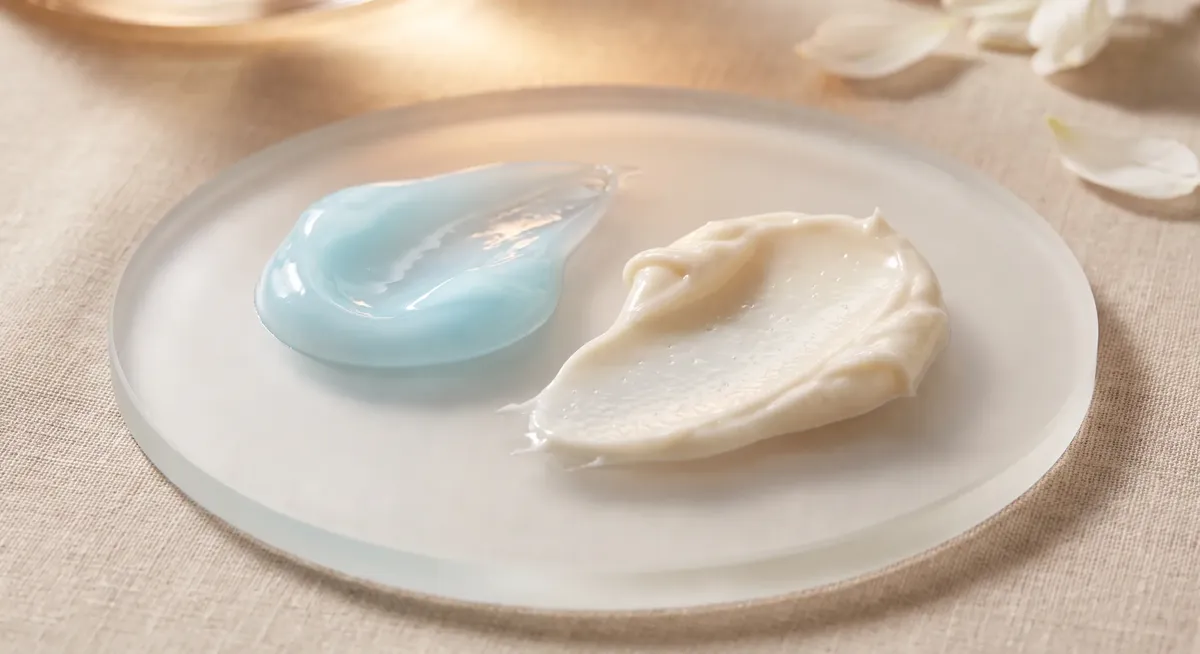 Texture swatch comparison showing a lightweight hydrating gel cream alongside a rich lipid barrier cream on frosted glass.