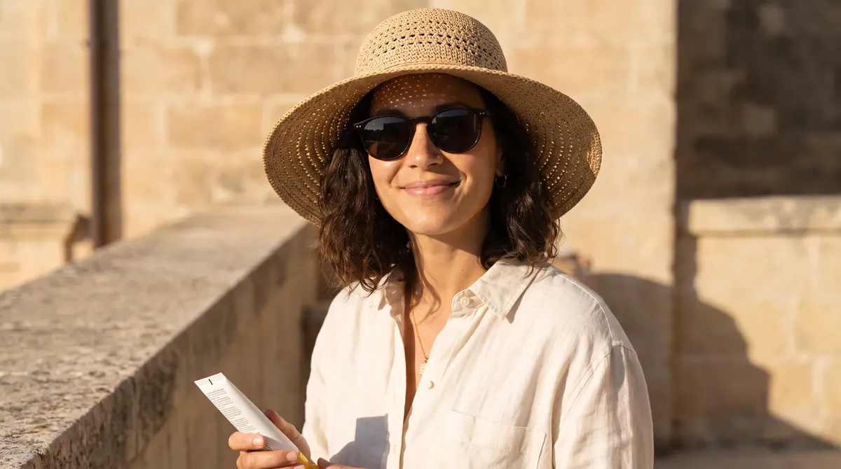 Avery wearing a wide-brim straw sun hat, UV sunglasses, and cream linen shirt on a sunny limestone terrace holding broad-spectrum sunscreen.