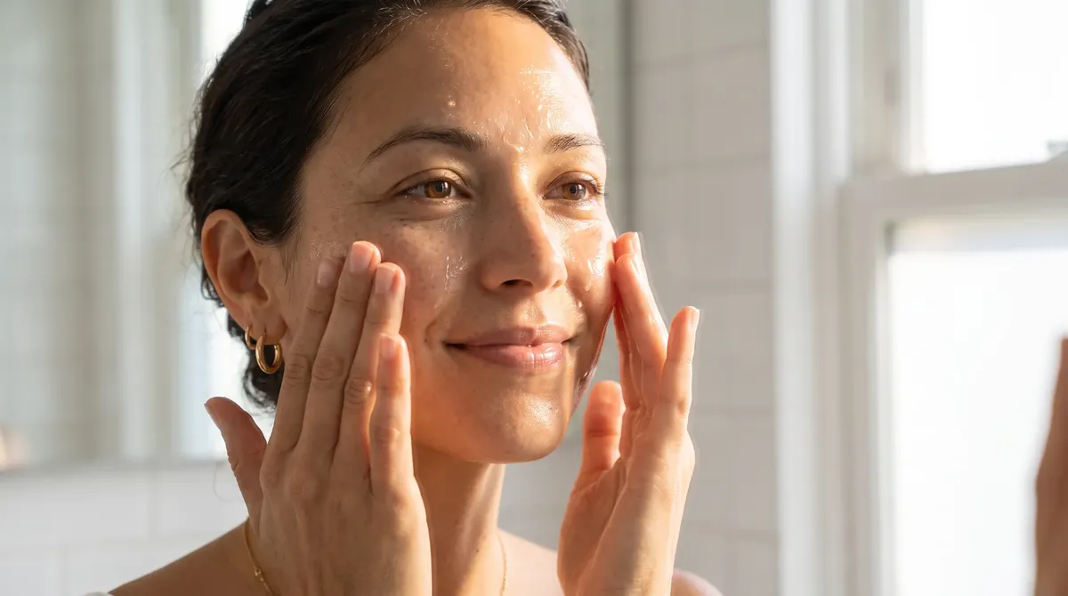 Avery pressing a sheer hydrating serum gently into freshly cleansed damp skin in a bright morning bathroom.