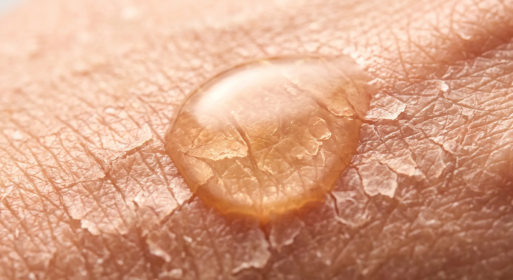 Extreme macro photography of sun-damaged, dry, tight skin surface enveloped by a healing squalane oil droplet.